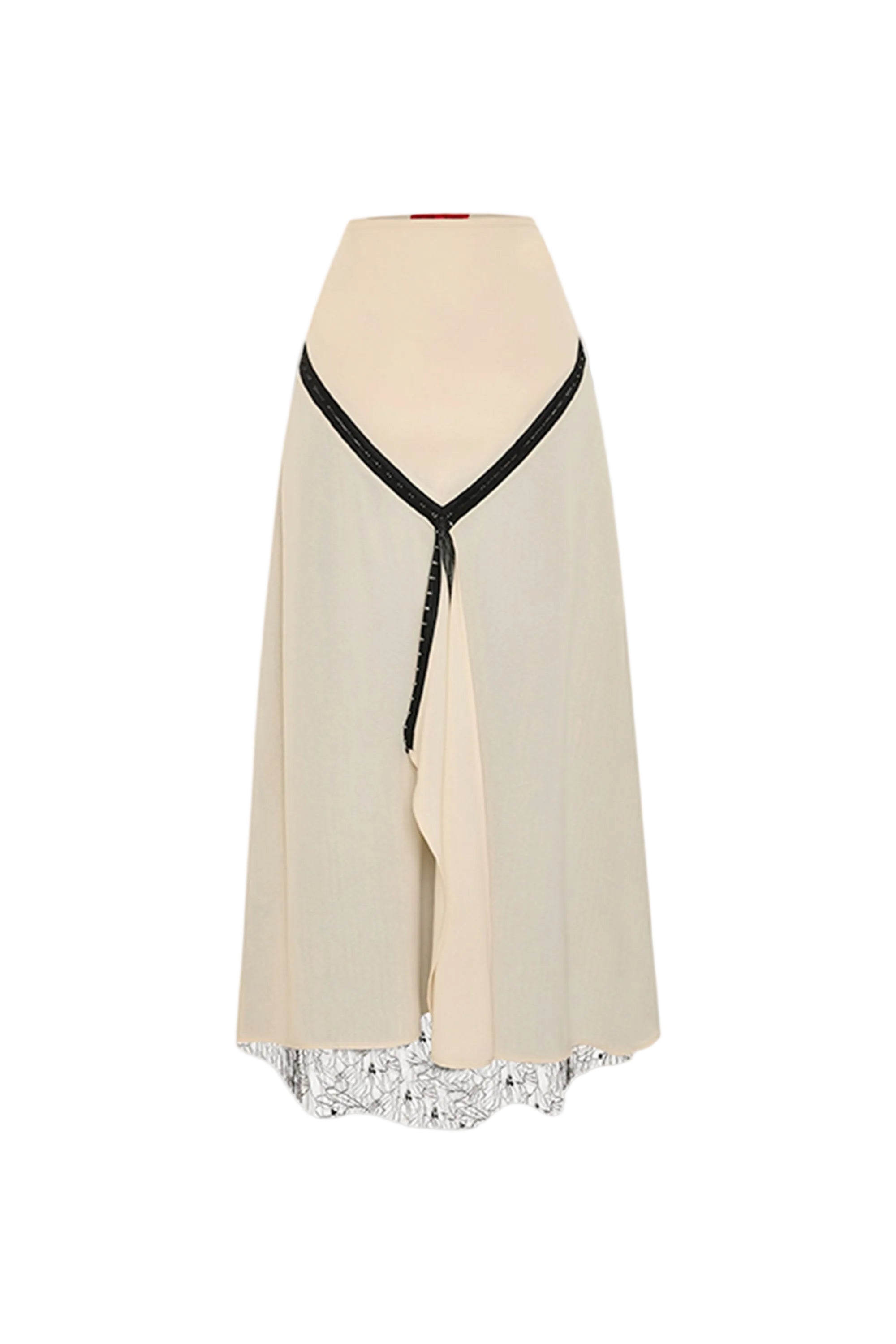 Beige lace-trimmed skirt with black trim on a white background