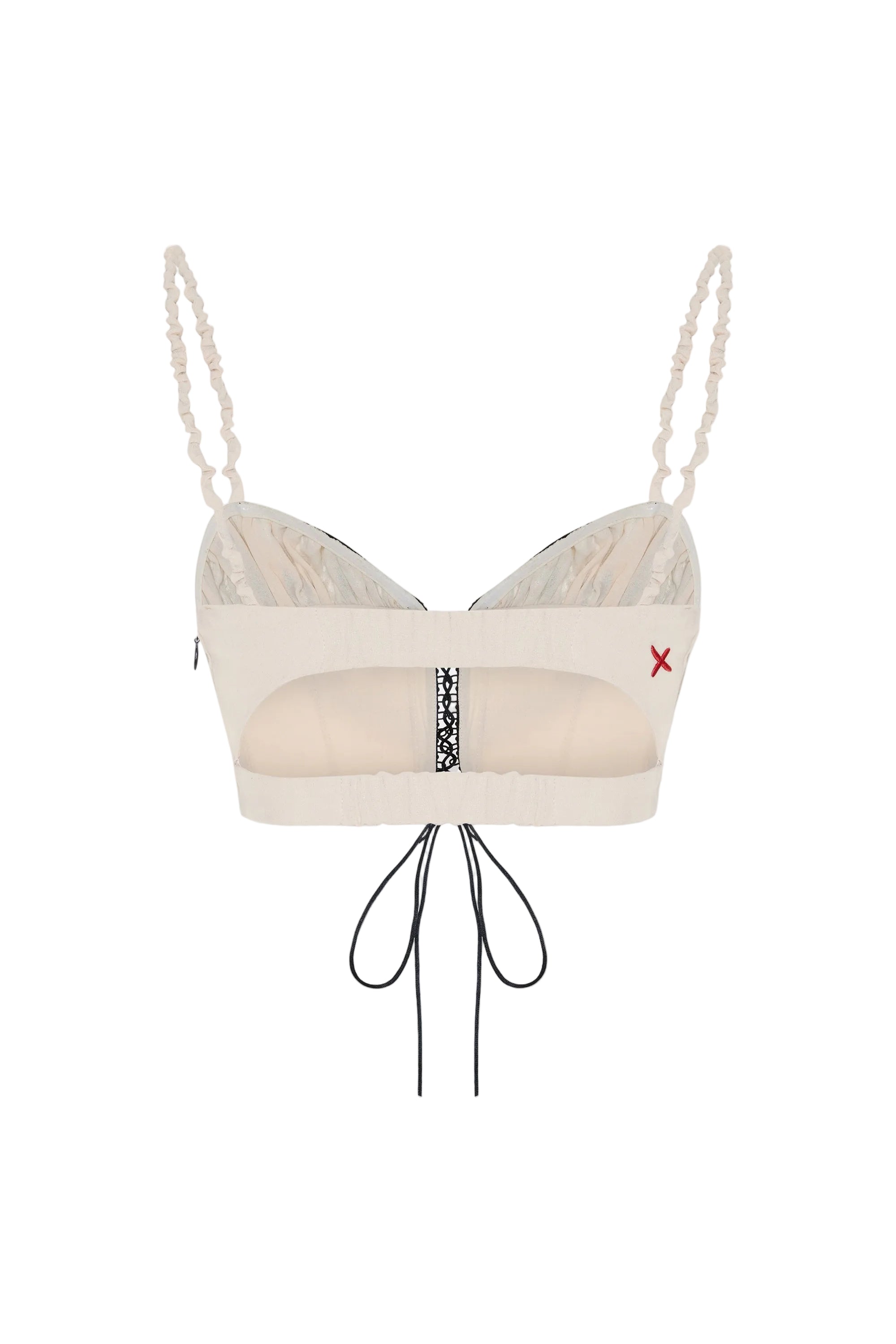 Beige bikini top with thin straps and decorative elements on a white background