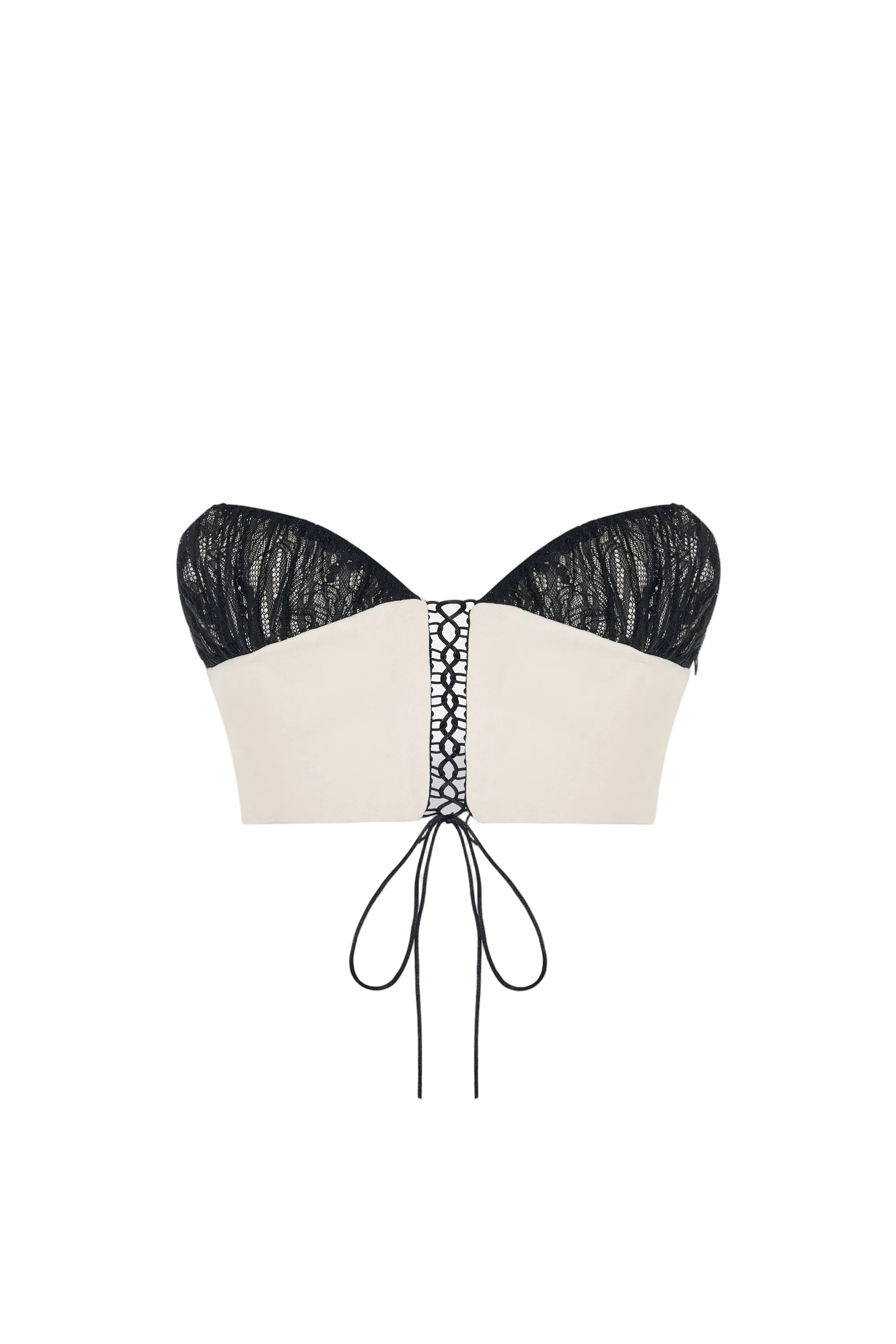 Black lace bandeau top with beige straps on a white background