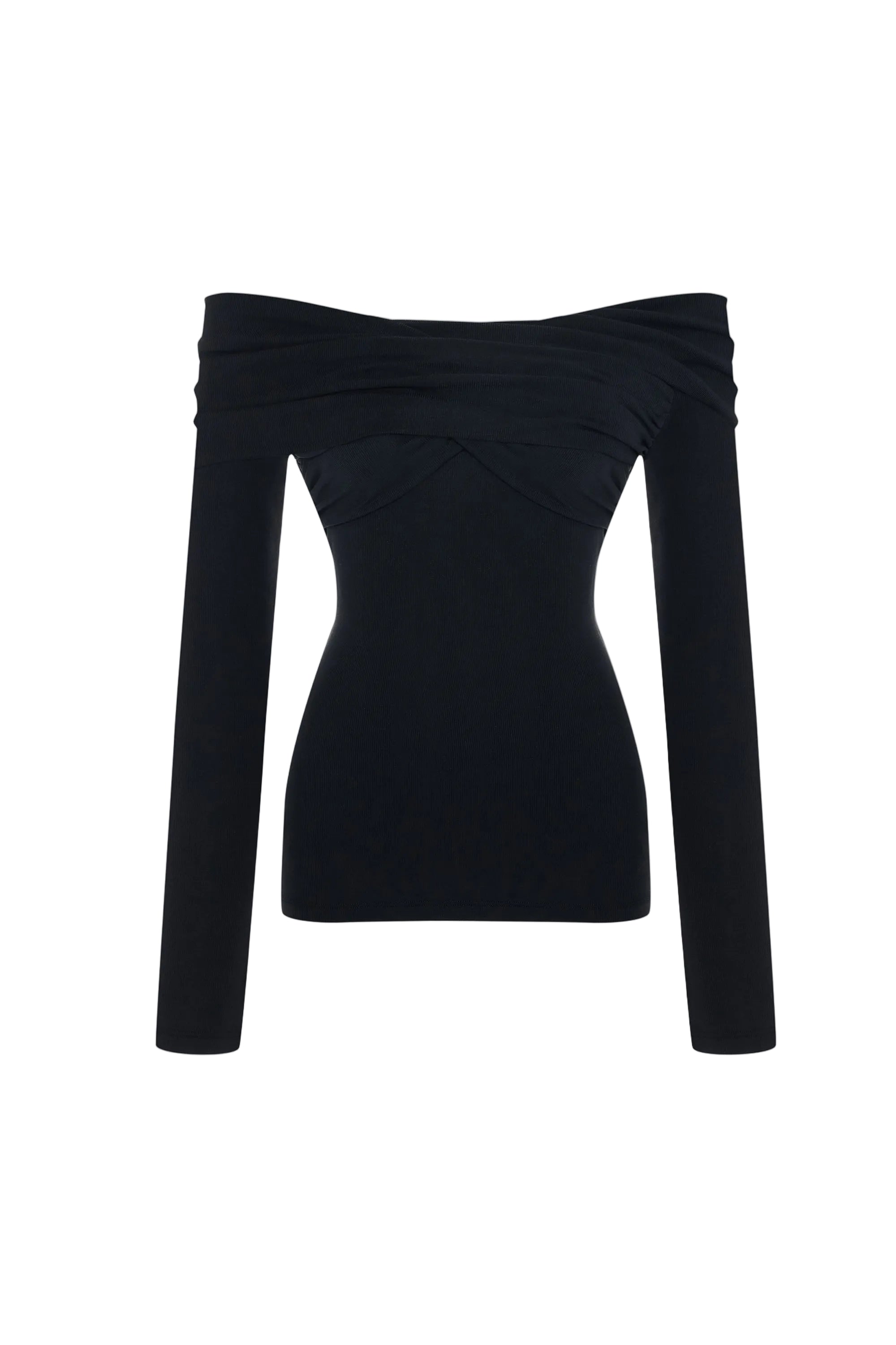 Black long-sleeve top with a draped design on a white background