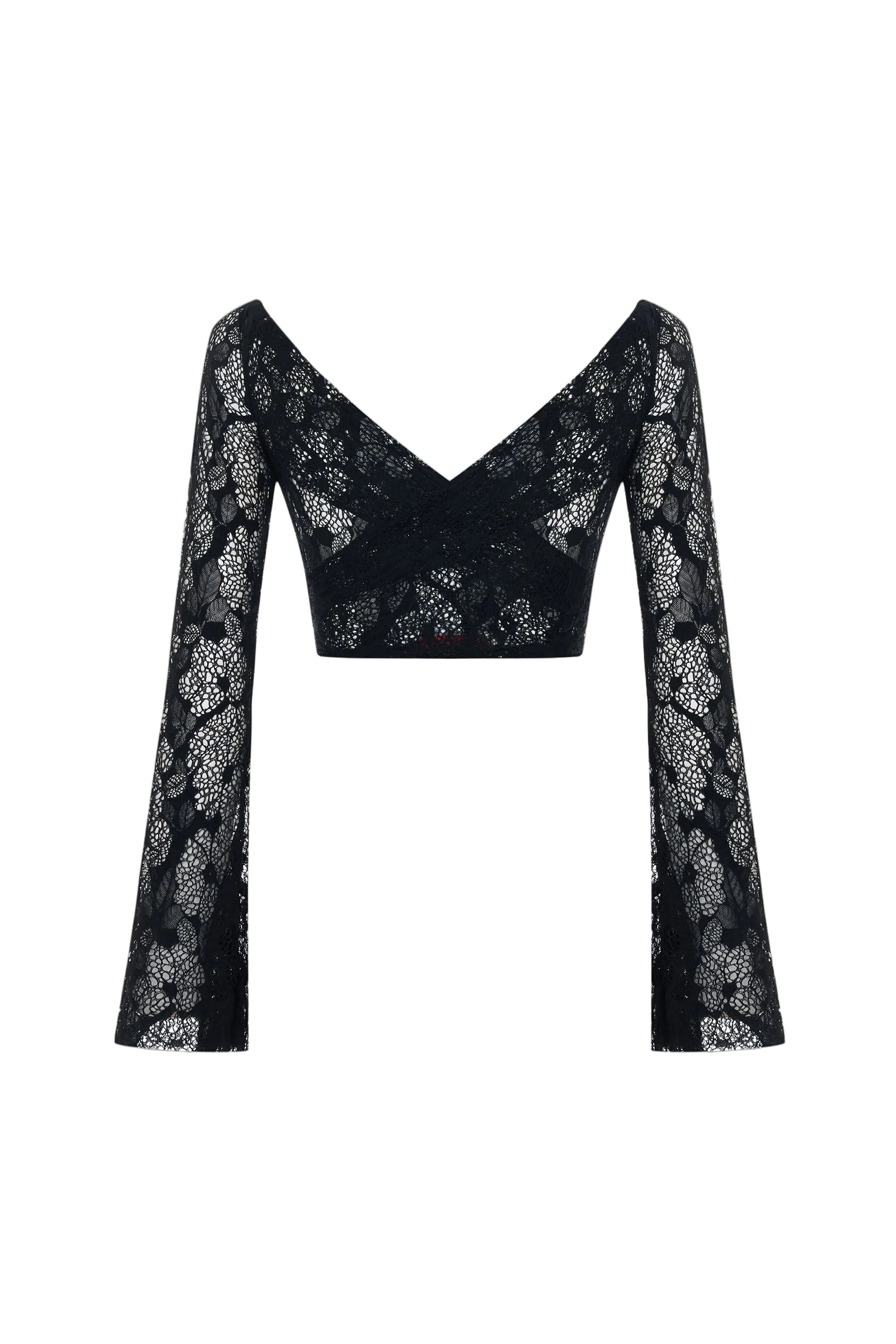 Black lace long-sleeve top on a light gray background