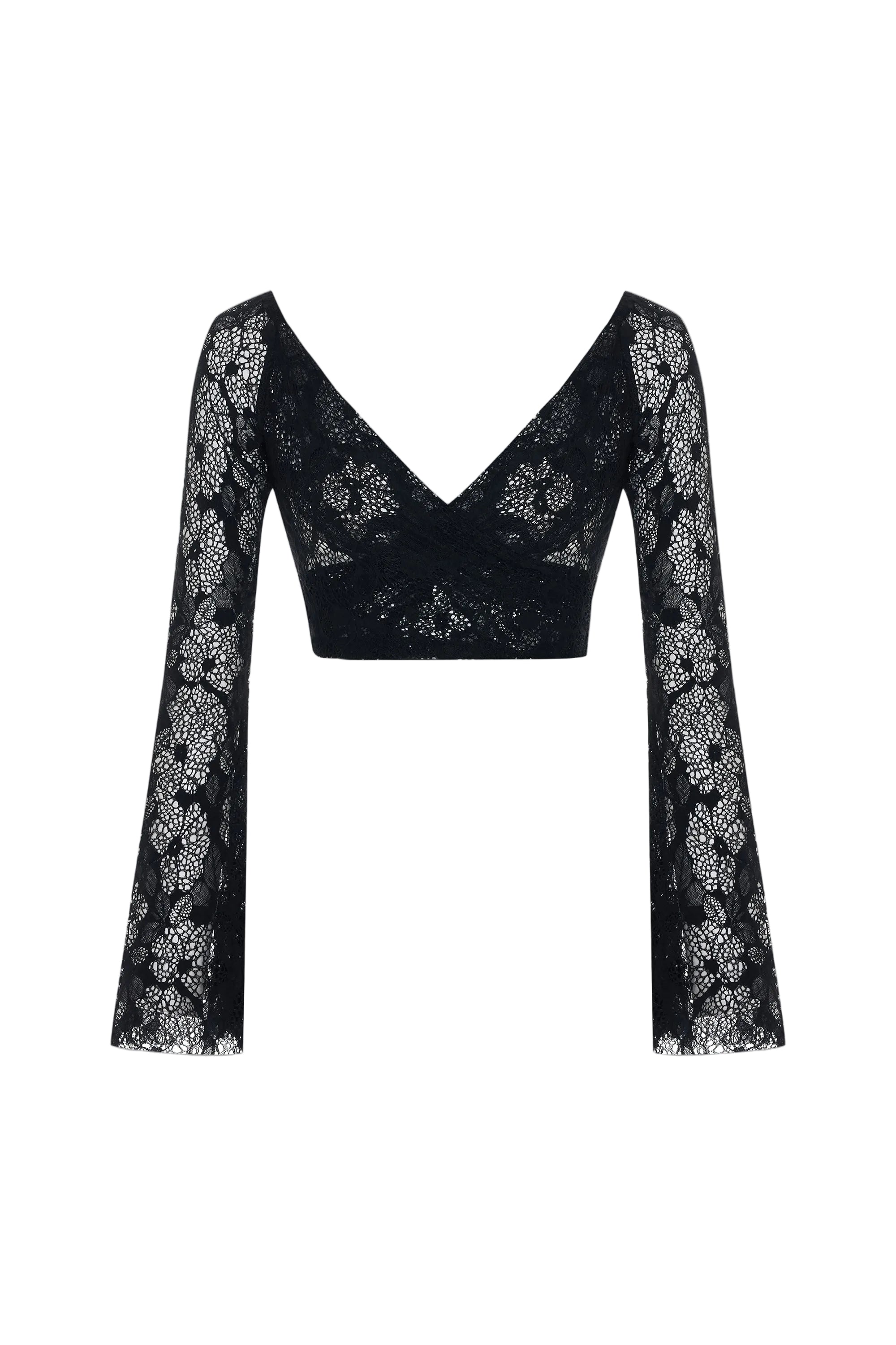 Black lace long-sleeve top on a white background