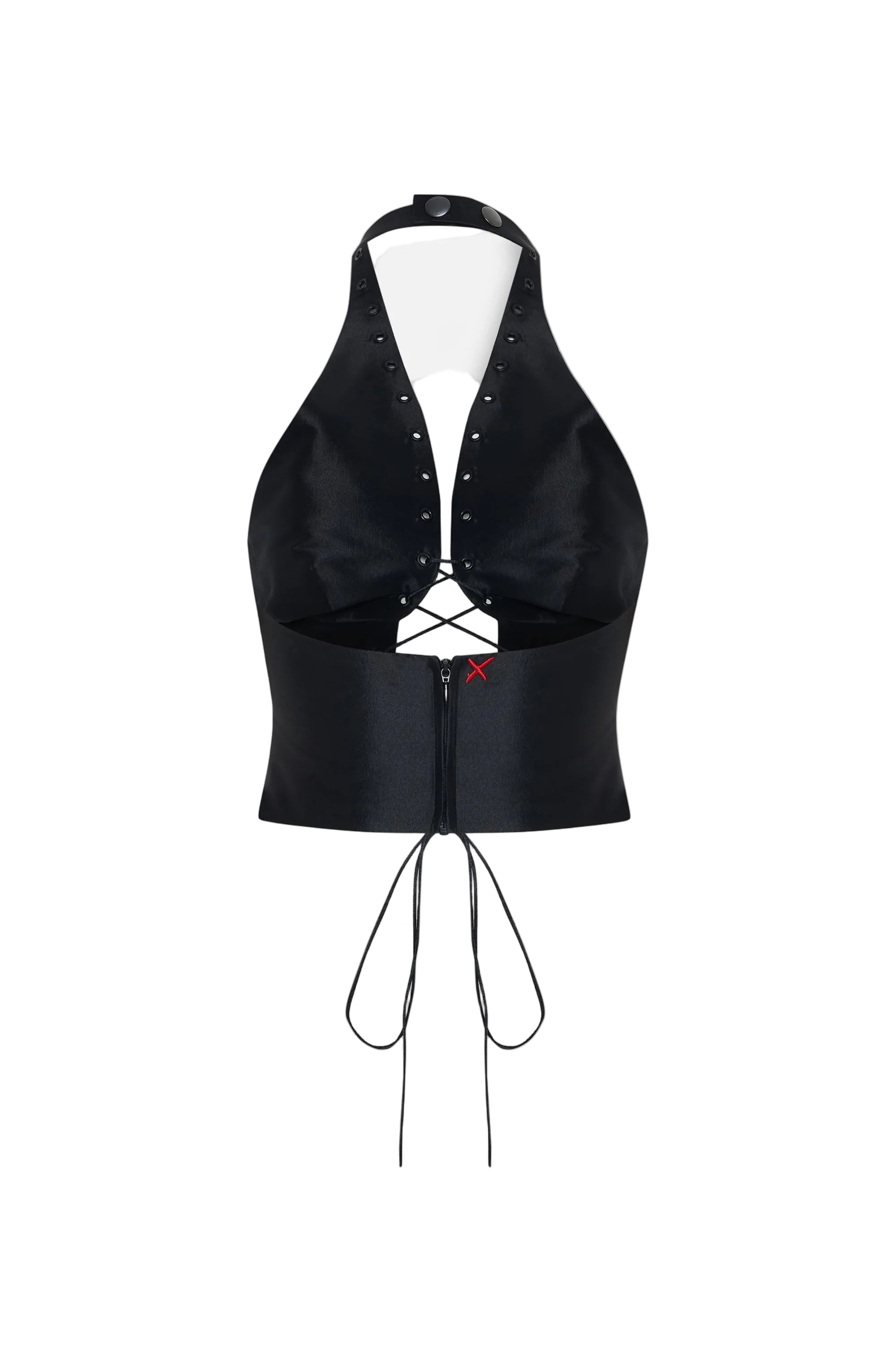 Black leather corset top on a white background