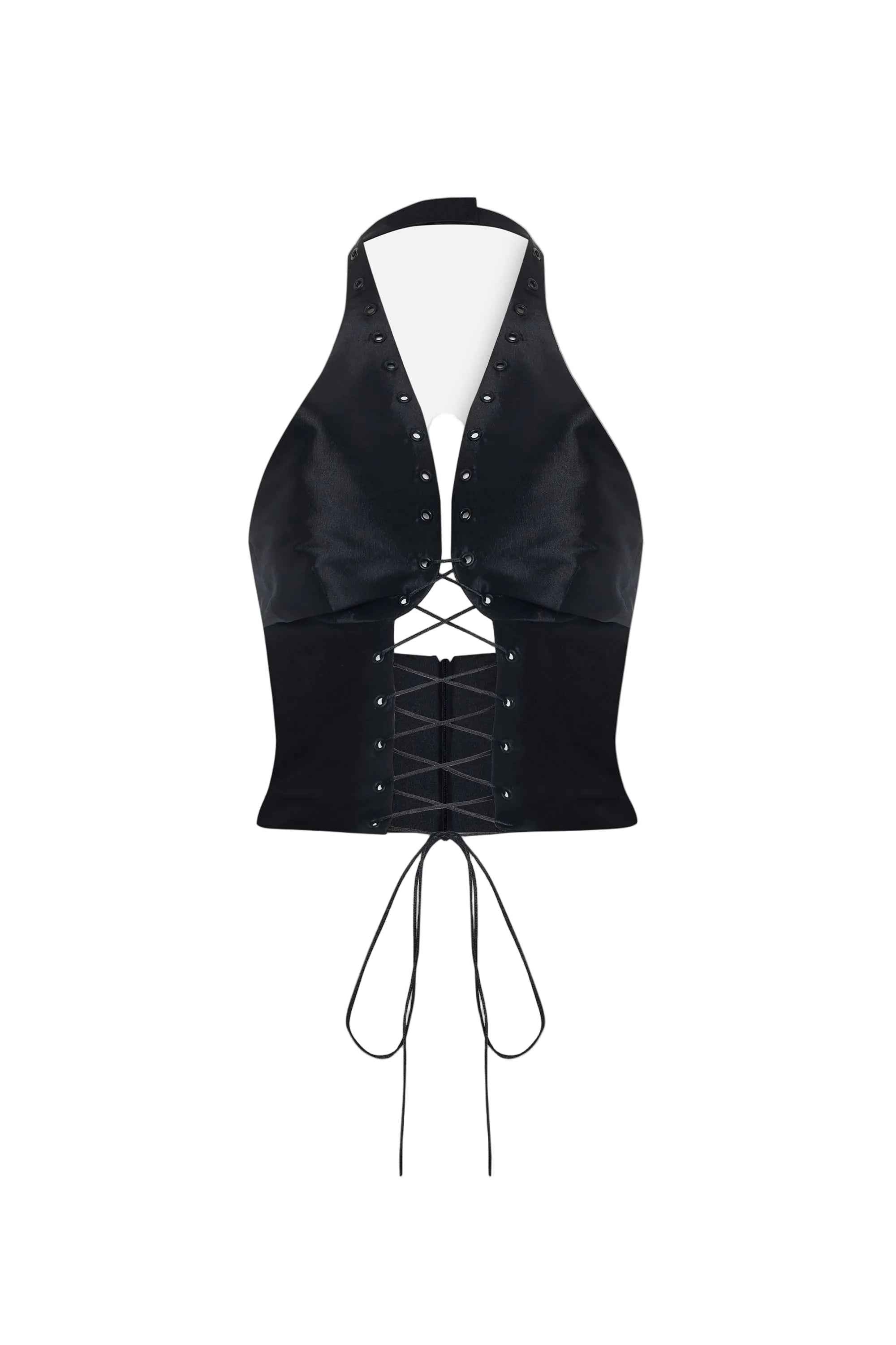 Black corset top with lace-up front on a white background