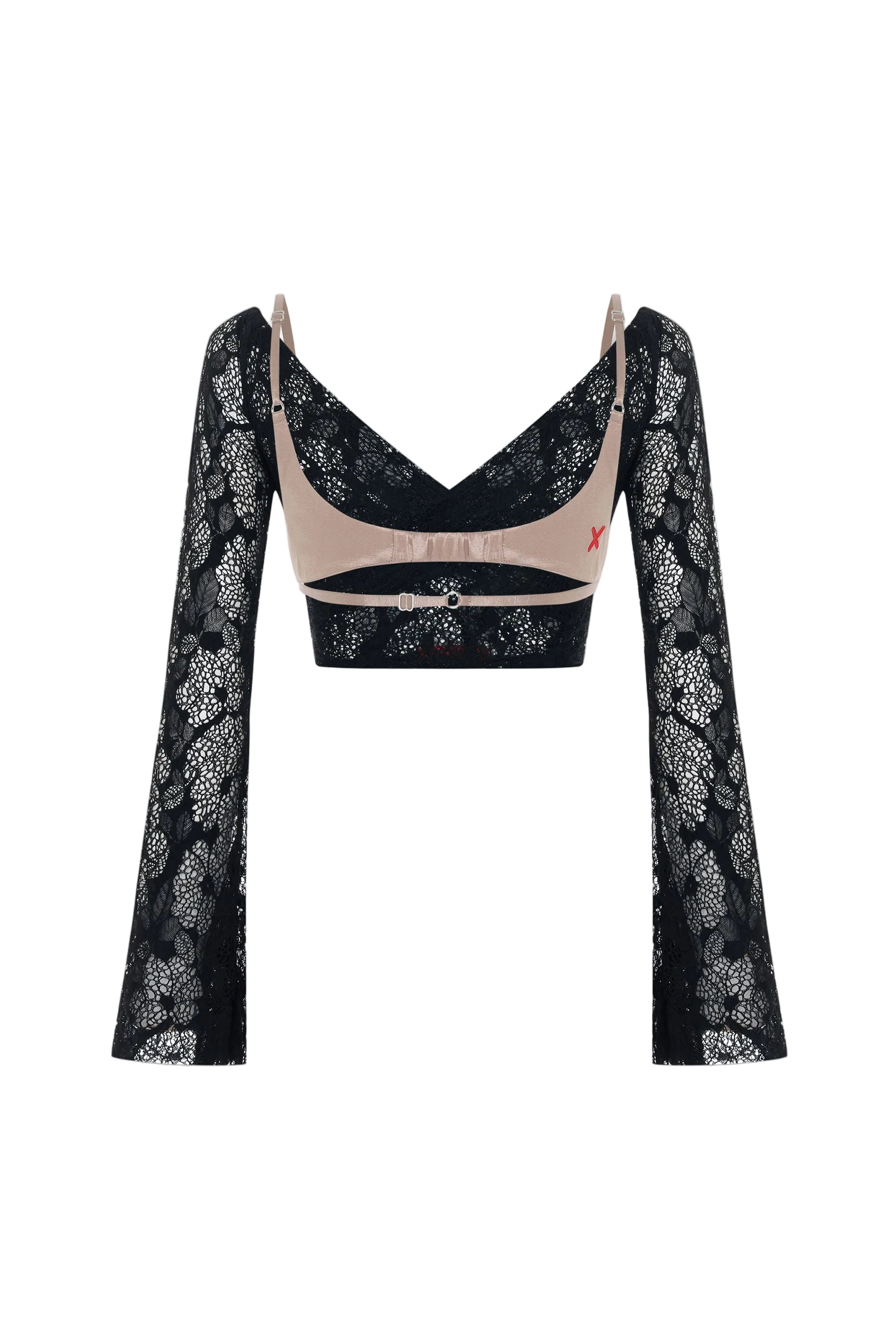 Black floral long-sleeve top with a beige bralette on a white background