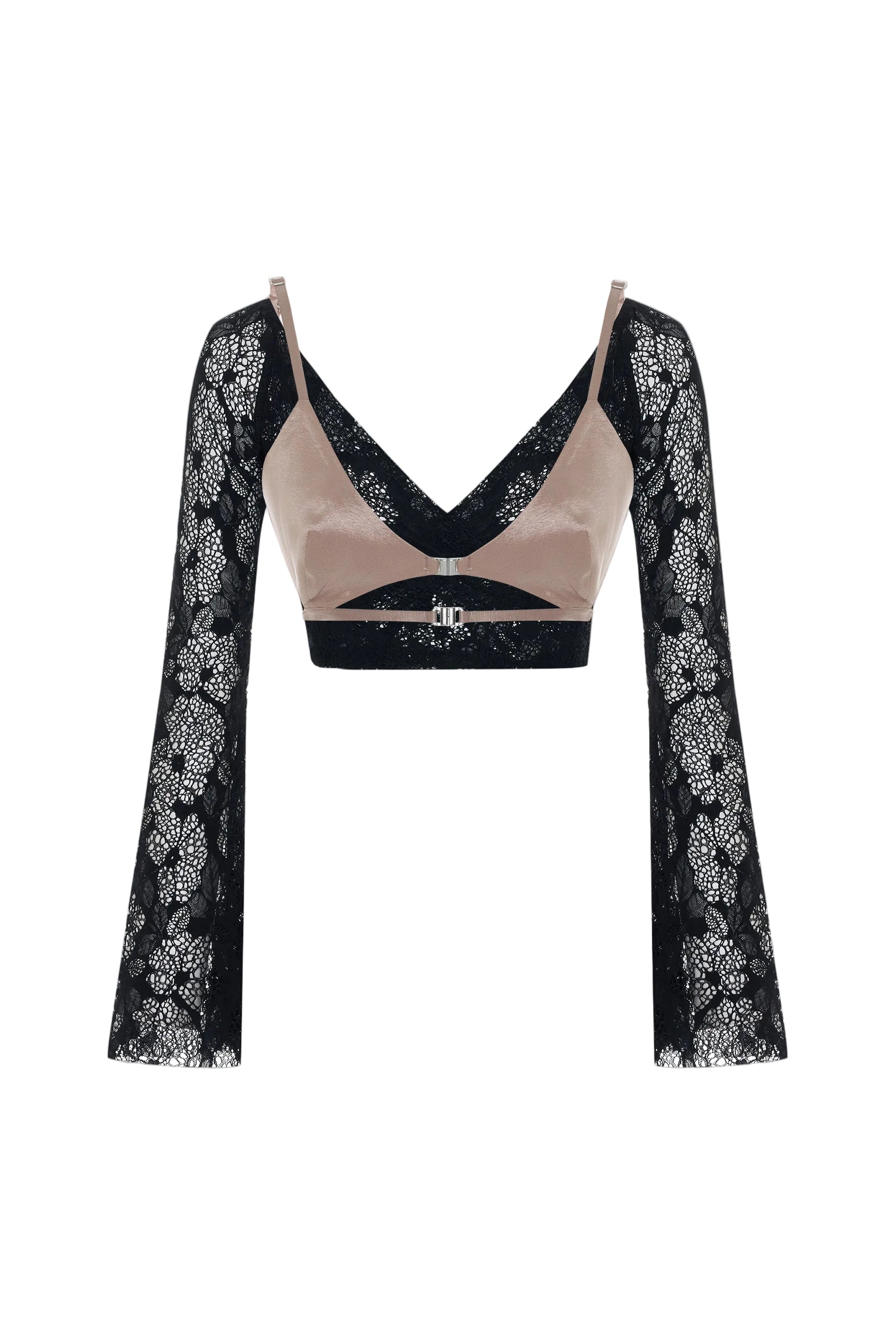 Black lace long-sleeve top with beige bralette on a white background