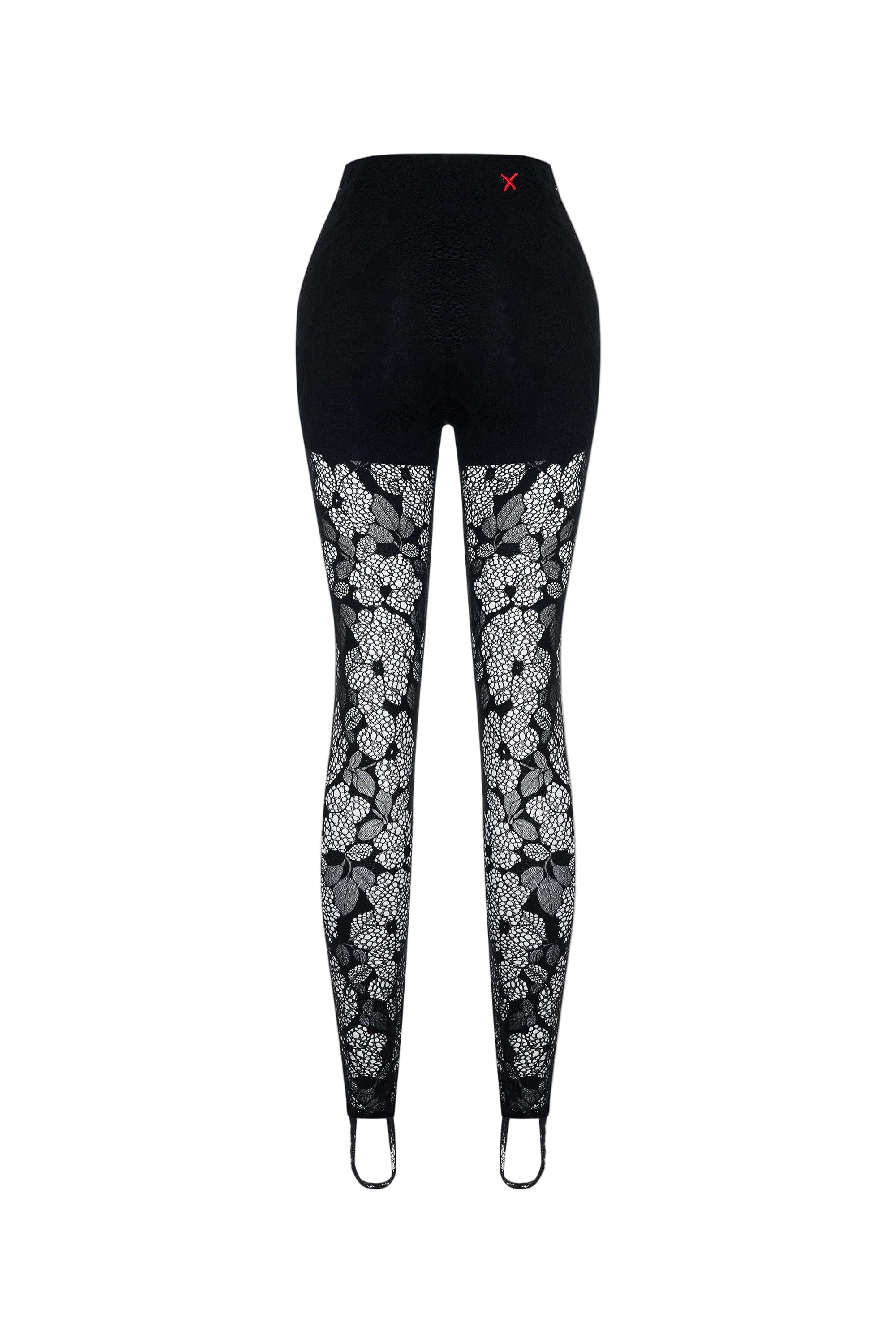 Black leggings with white floral patterns on a white background