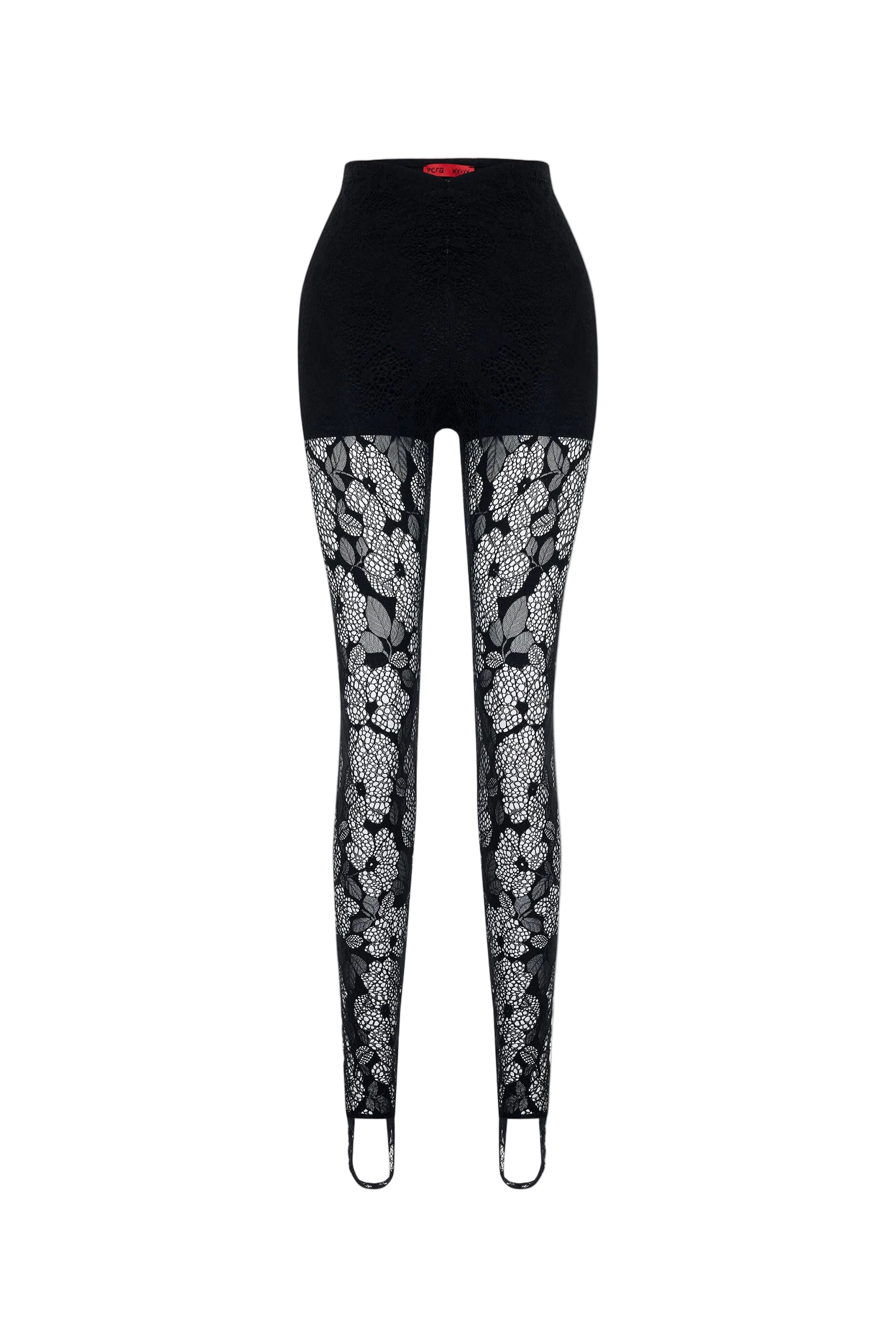 Black tights with white floral lace pattern on a white background