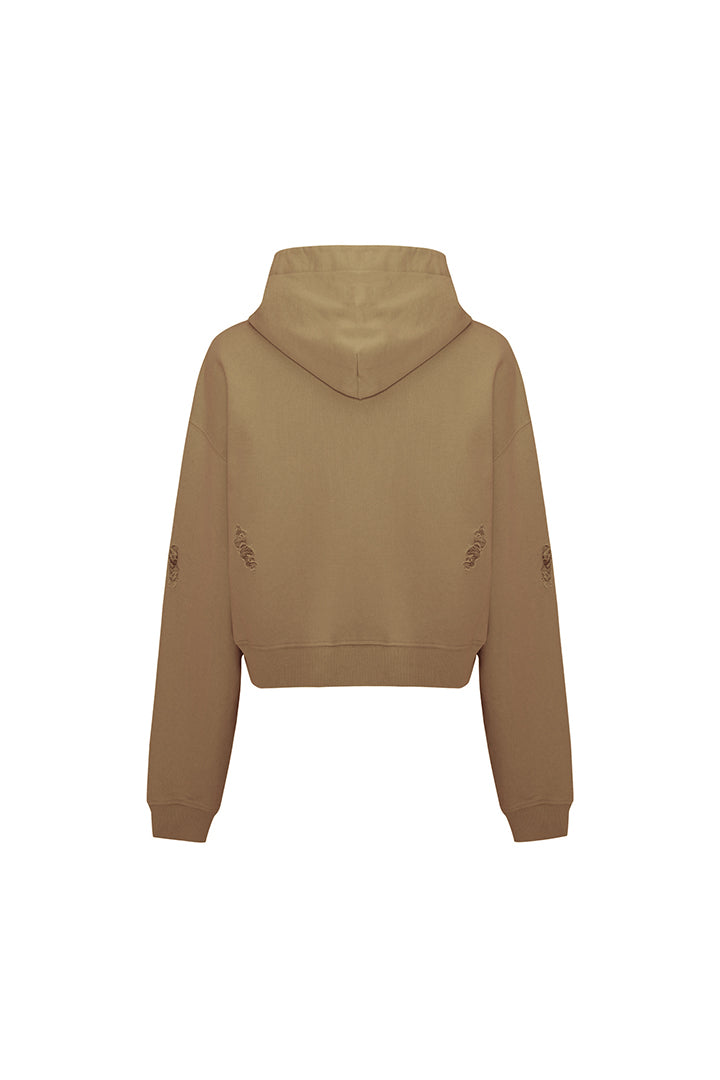 Cotton Destroyed Zip Up Hoodie - Covert Green
