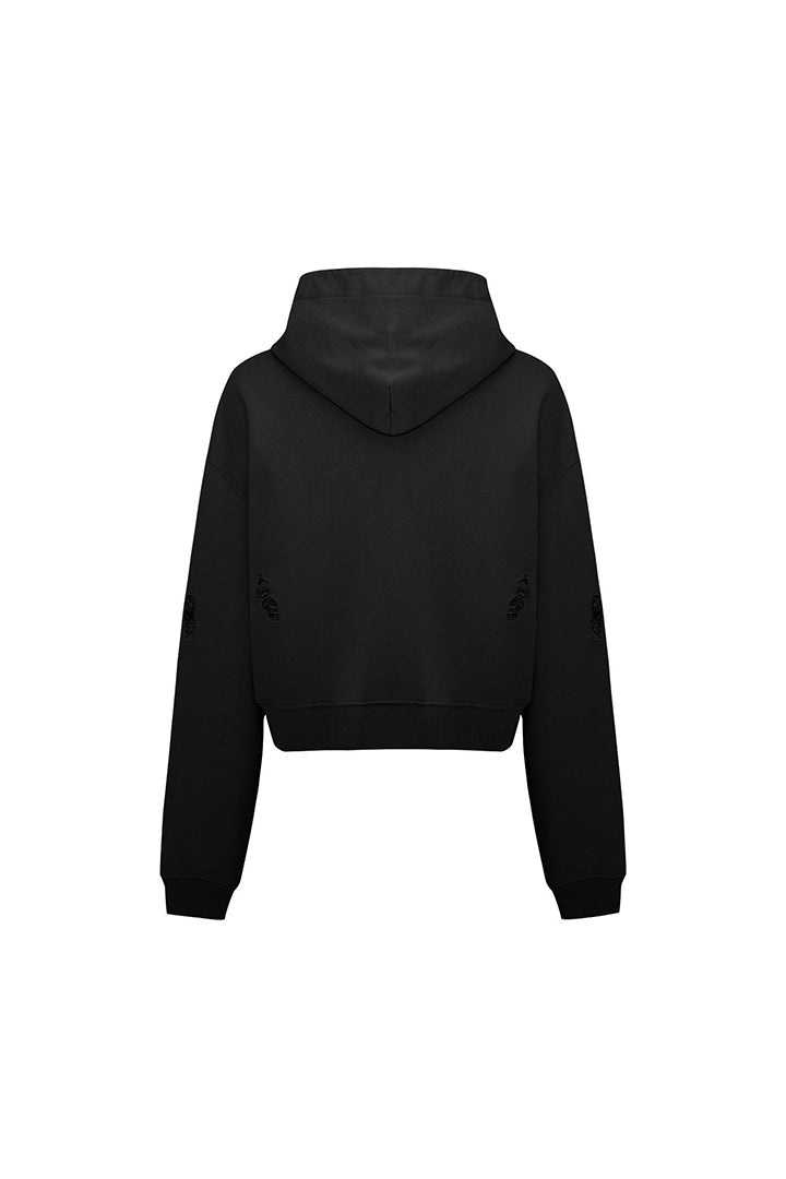 Cotton Destroyed Zip Up Hoodie - Black