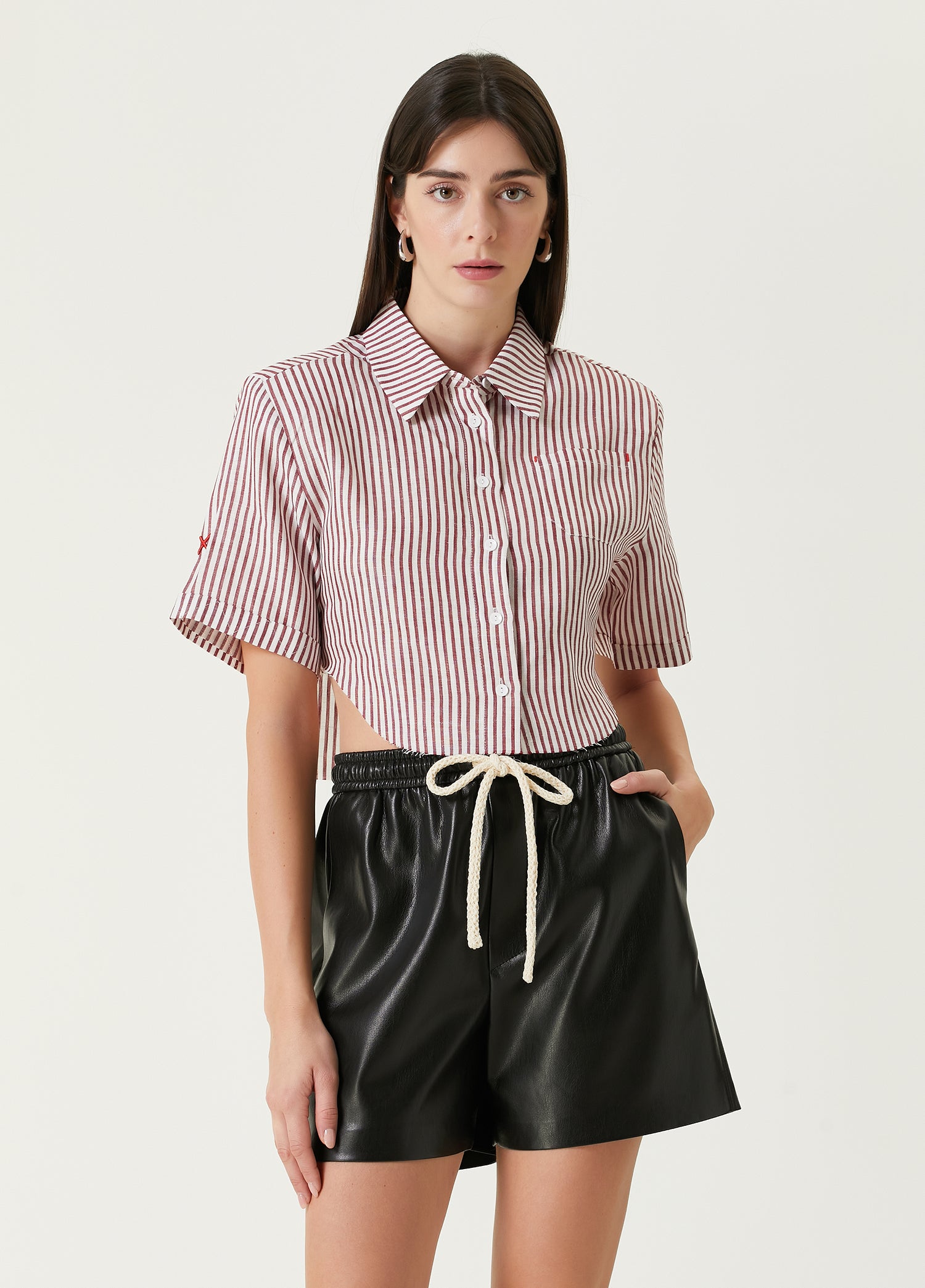 Pure Linen Free Heaven Red Striped Crop Shirt