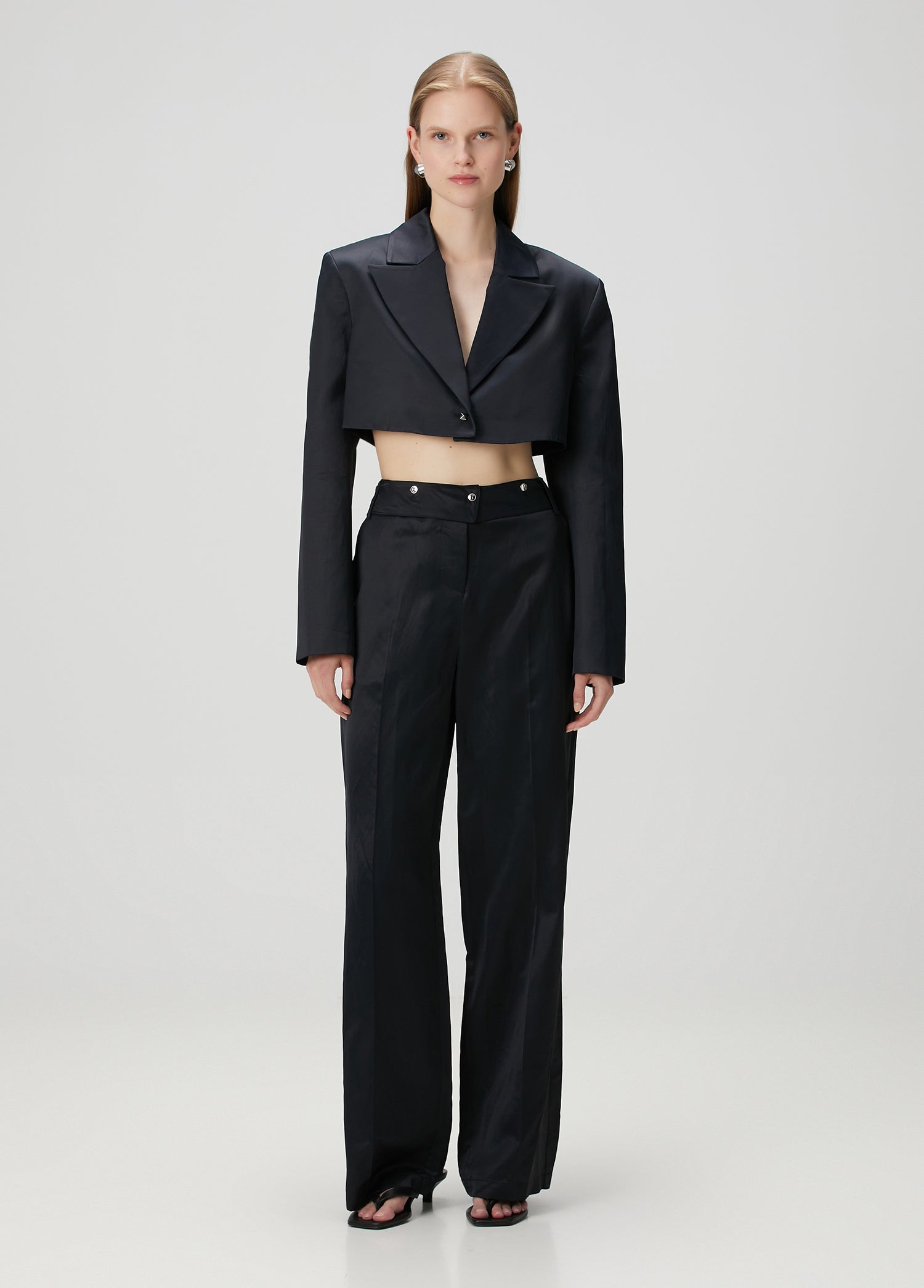LINEN BLEND CROP SHINY WOVEN JACKET - JET BLACK