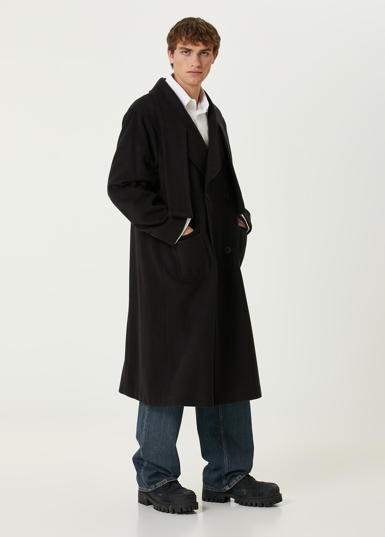 Wool & Cashmere Blend Long Men Coat - Black