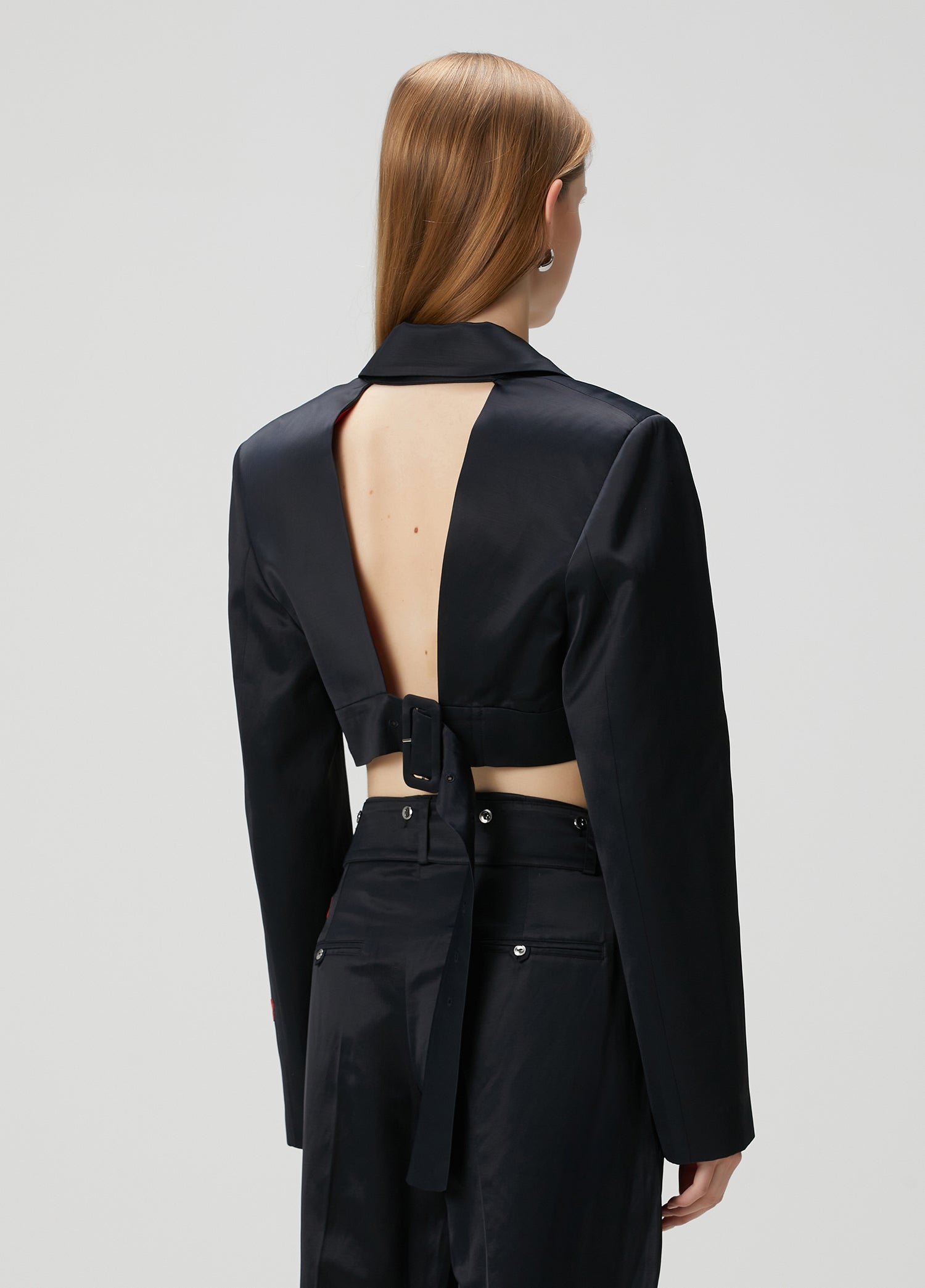 LINEN BLEND CROP SHINY WOVEN JACKET - JET BLACK