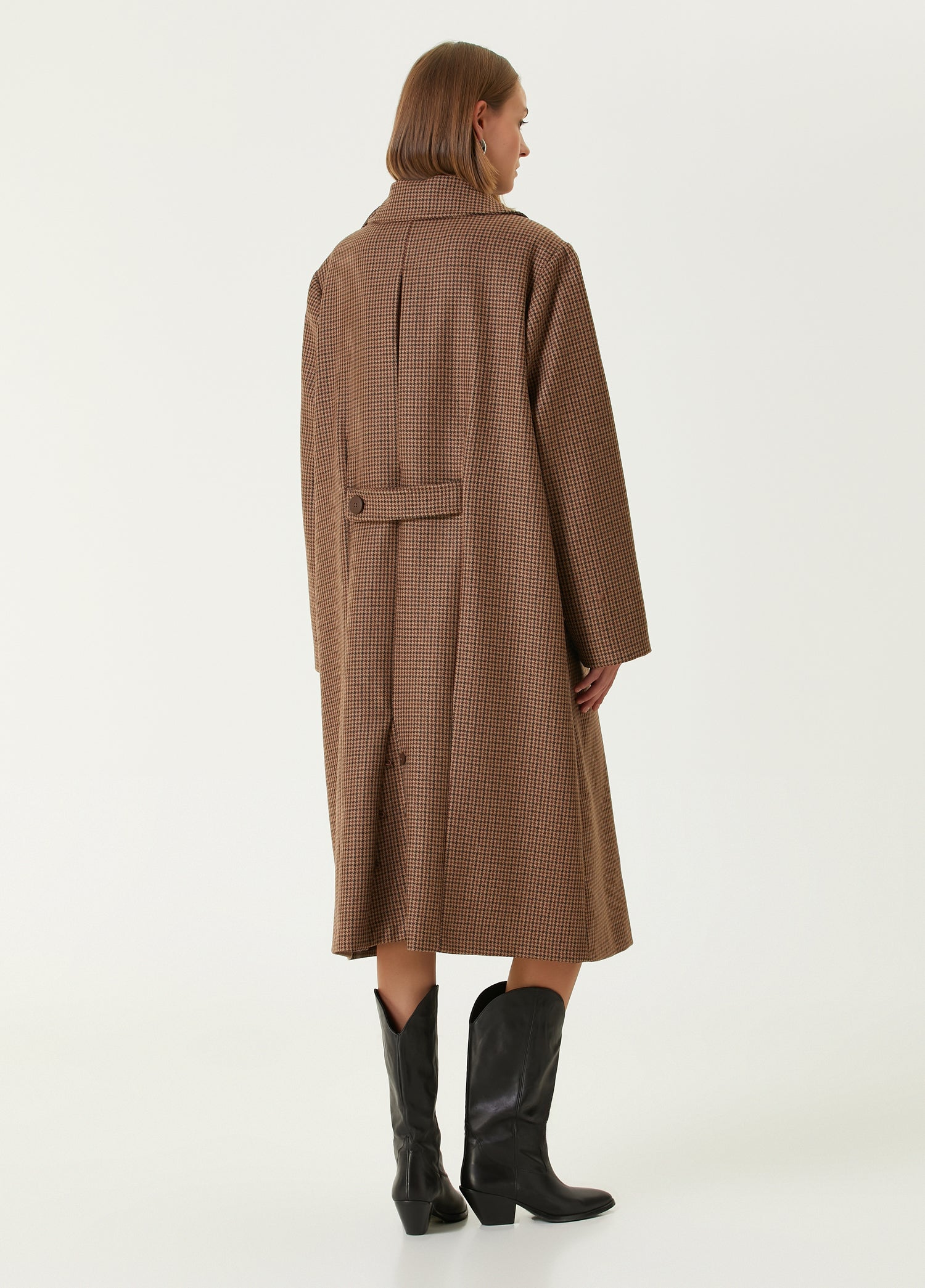 Wool & Cashmere Blend Houndstooth Long Men Coat - Brown