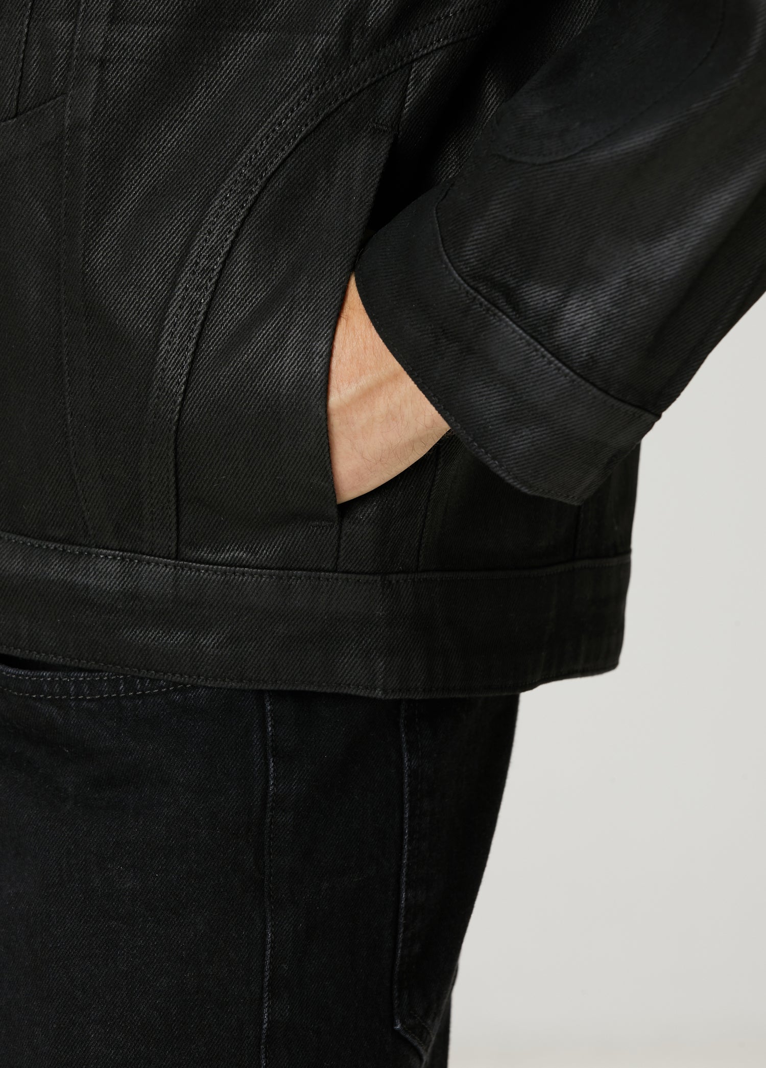 PURE COTTON SHINY COATED MEN DENIM JACKET - BLACK