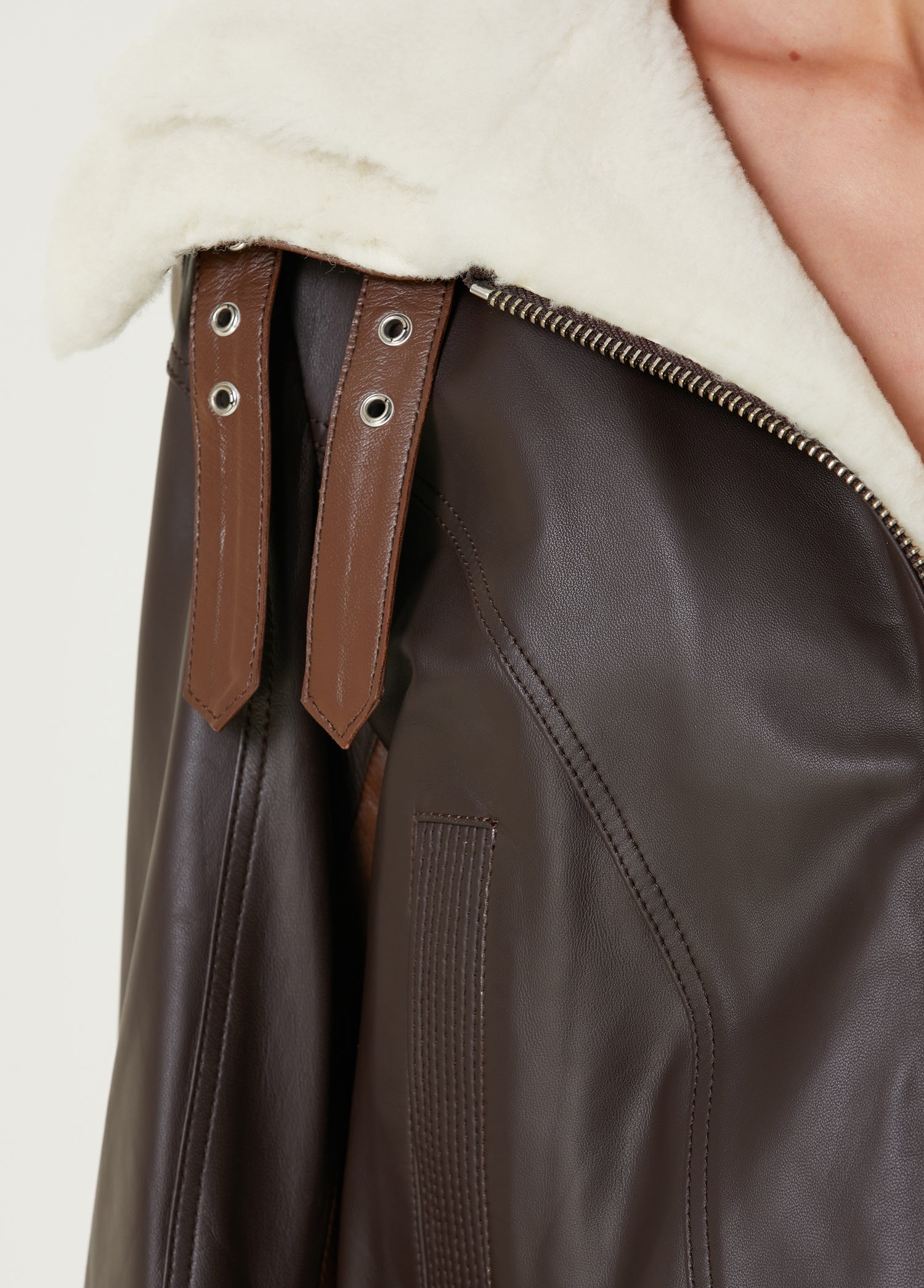 Double Collar Leather Women Jacket - Brown