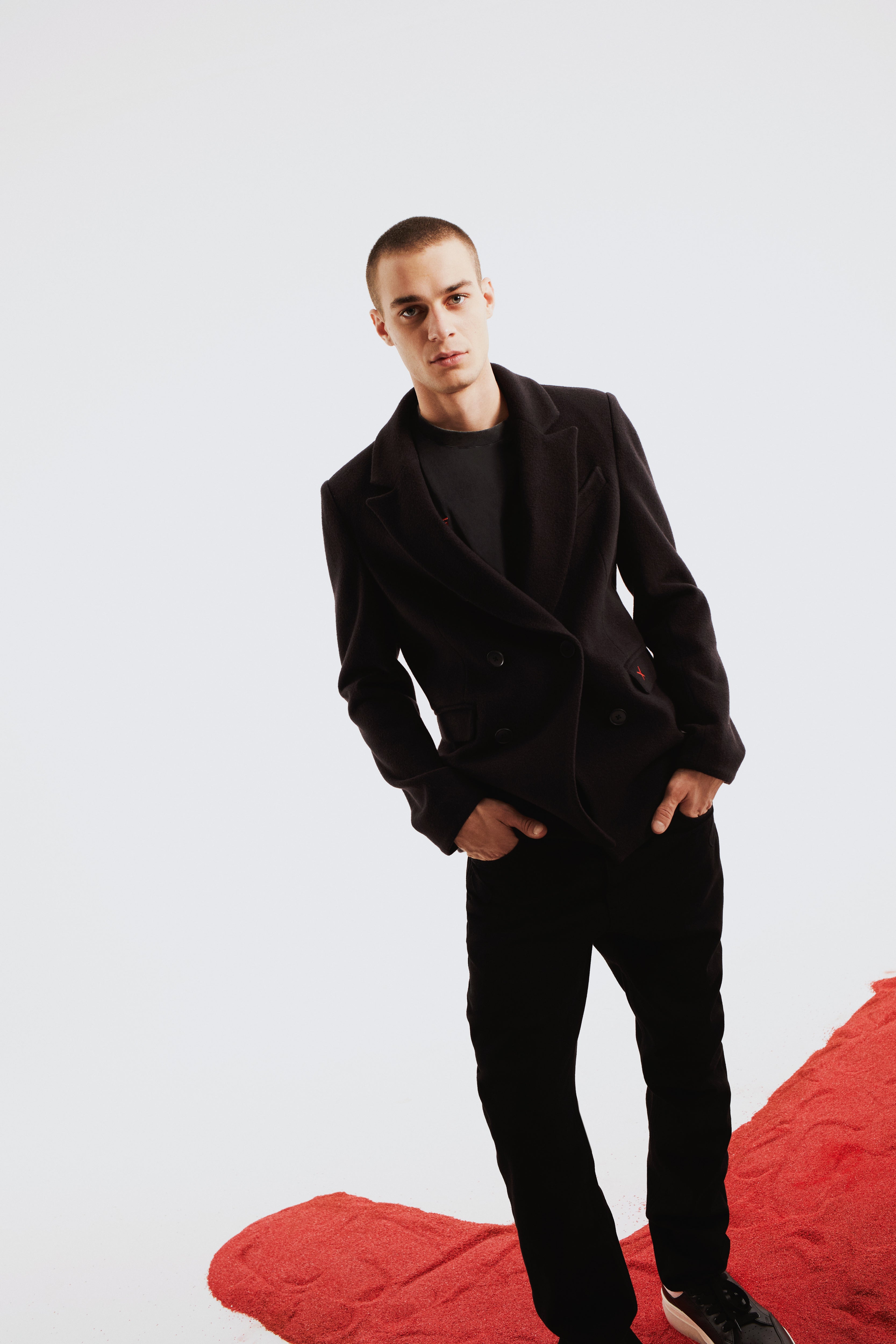 Wool & Cashmere Blend Double Breasted Men Coat - Black