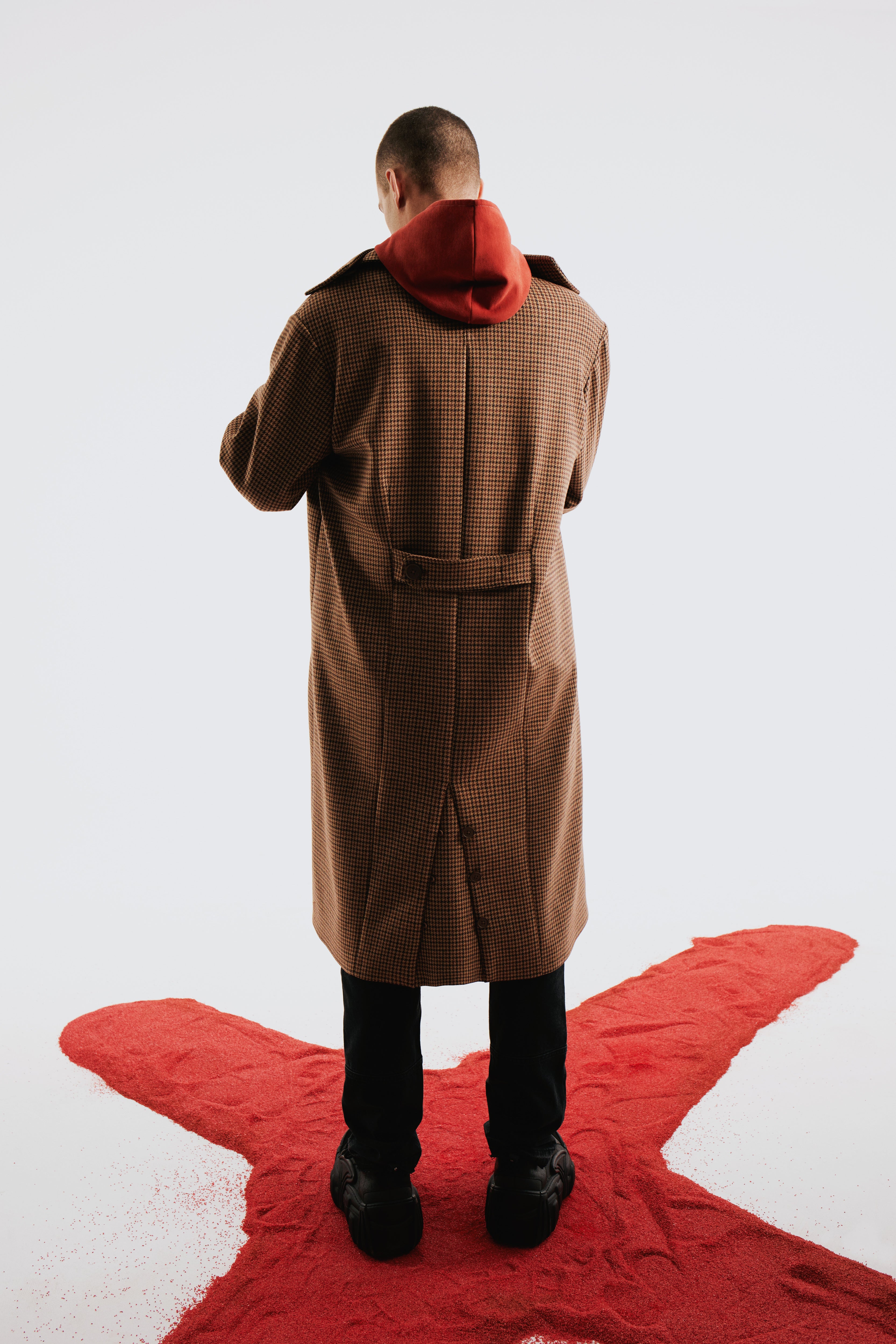 Wool & Cashmere Blend Houndstooth Long Men Coat - Brown