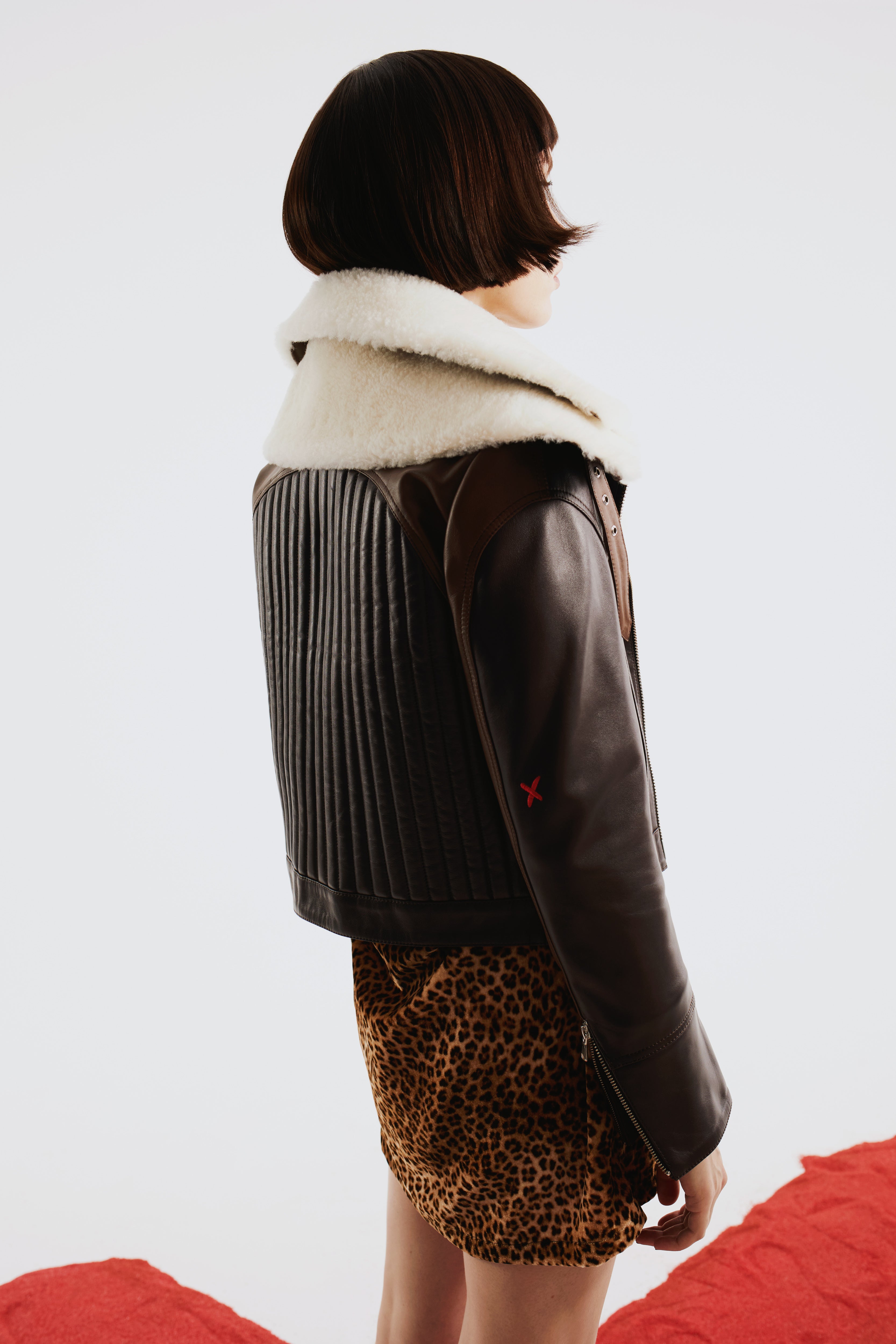 Double Collar Leather Women Jacket - Brown