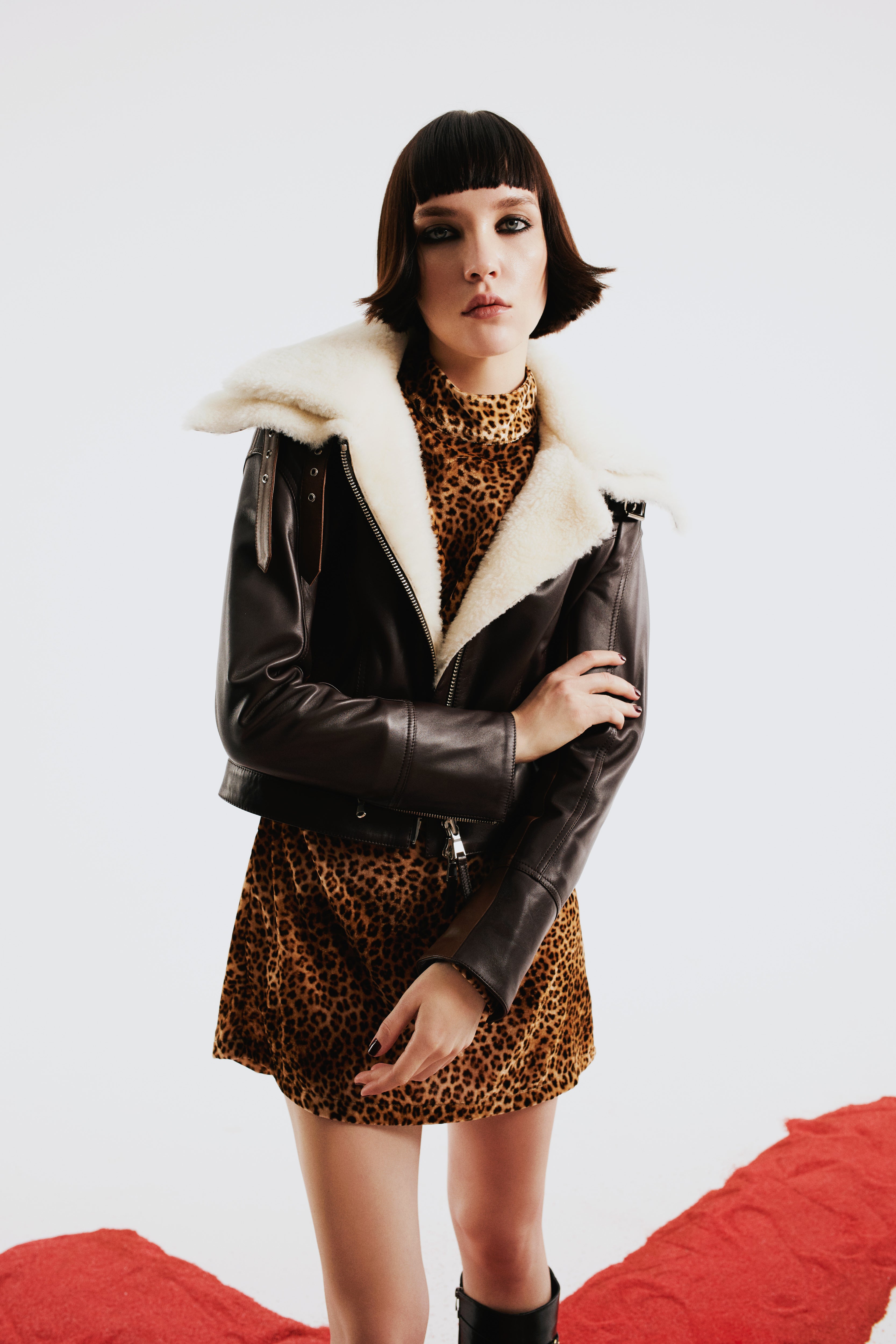 Double Collar Leather Women Jacket - Brown