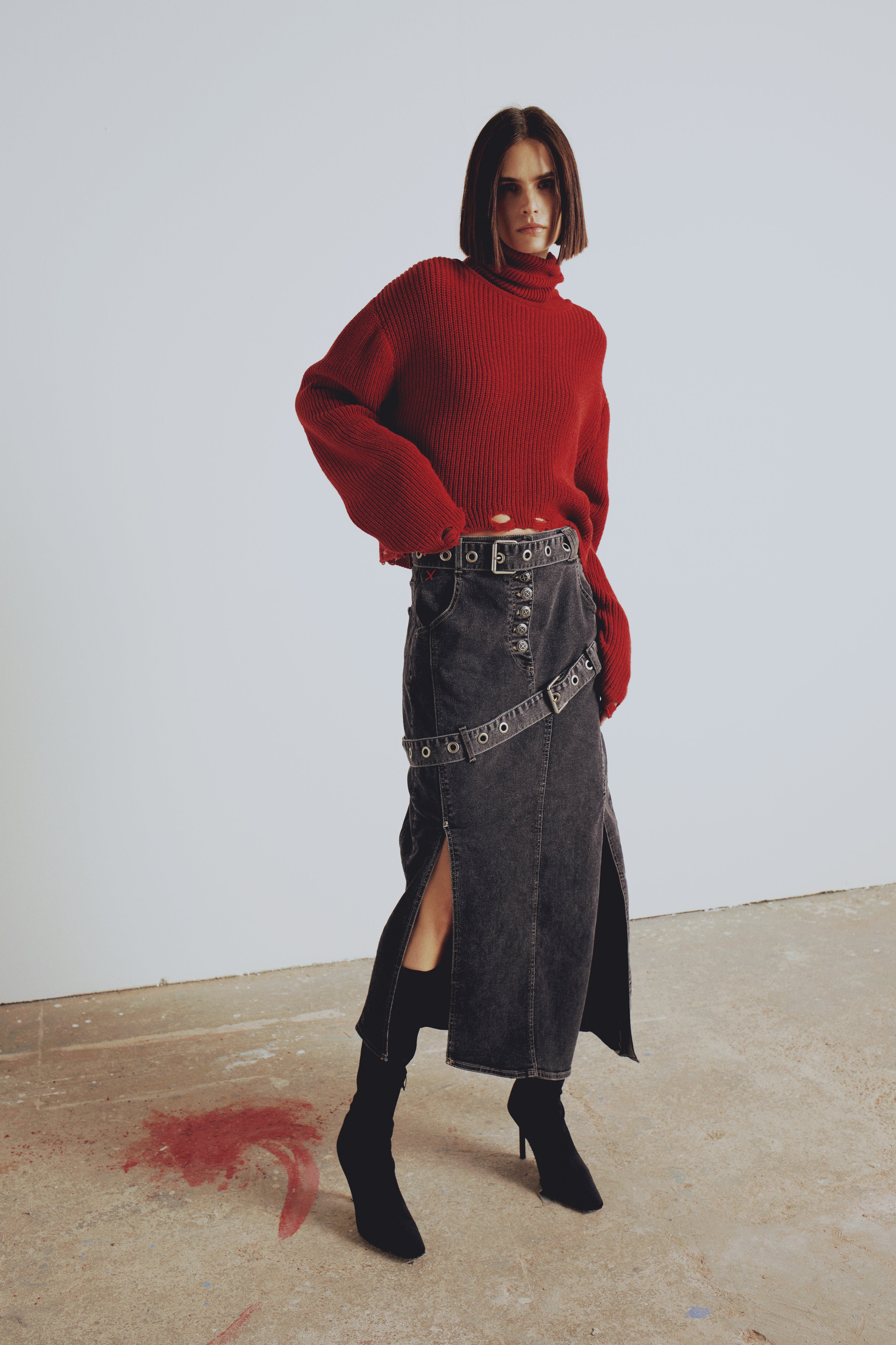 CASHMERE BLEND YOUR *ITCH RIPPED HIGH NECK KNIT SWEAT - SAMBA