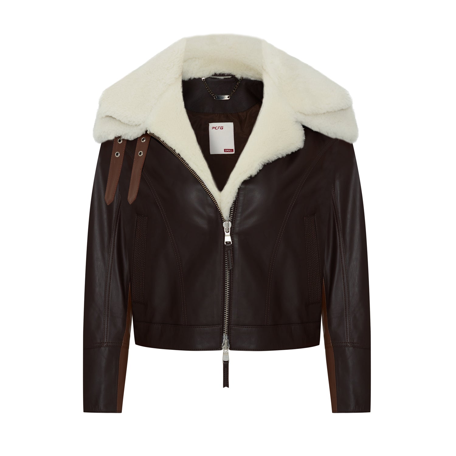 Double Collar Leather Women Jacket - Brown