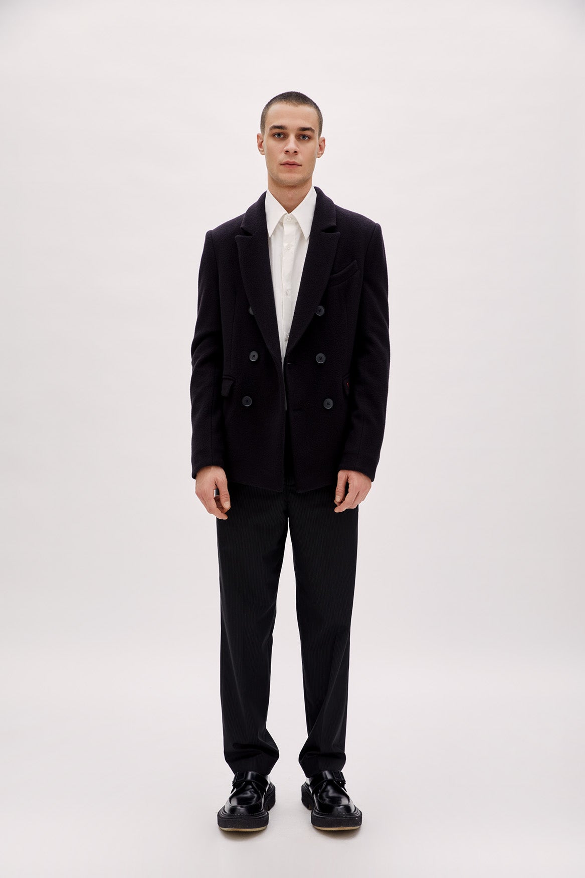 Wool & Cashmere Blend Double Breasted Men Coat - Black