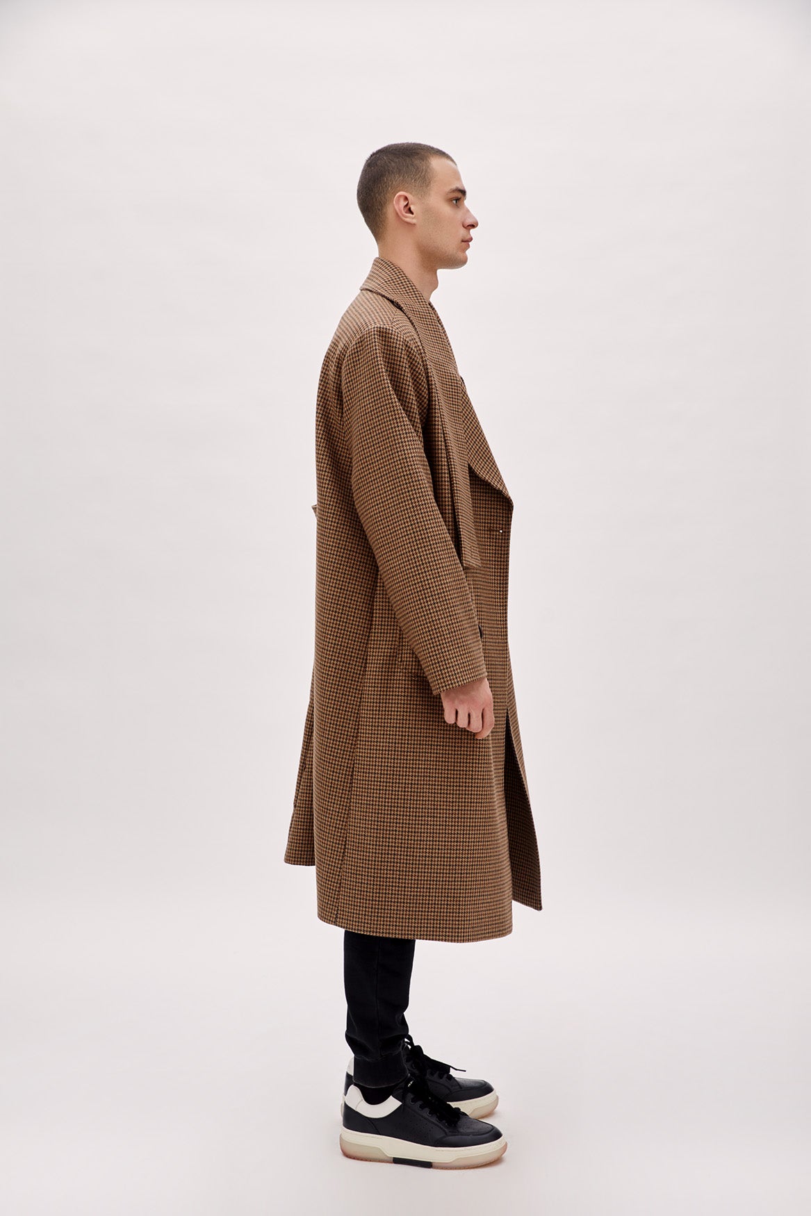 Wool & Cashmere Blend Houndstooth Long Men Coat - Brown