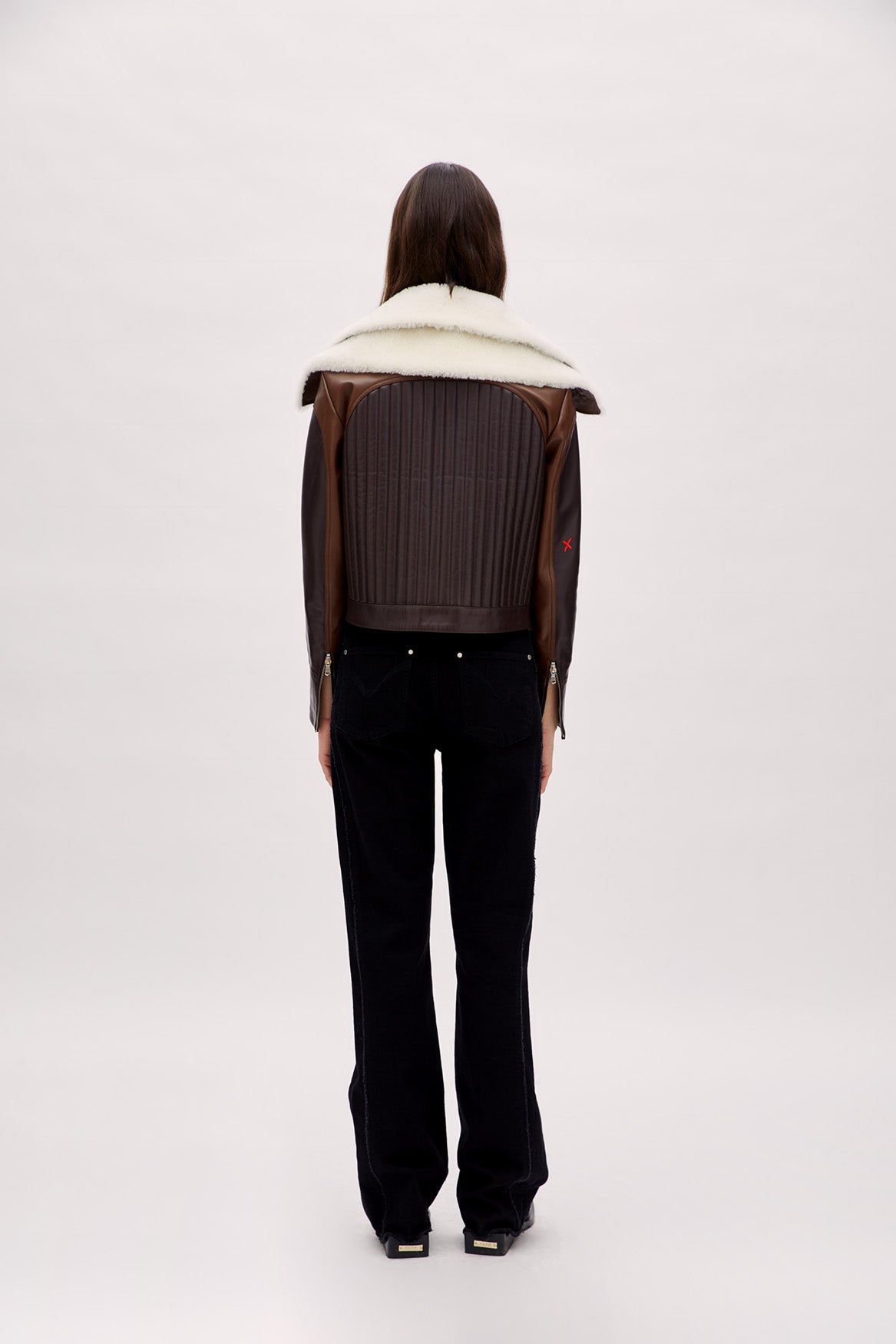 Double Collar Leather Women Jacket - Brown