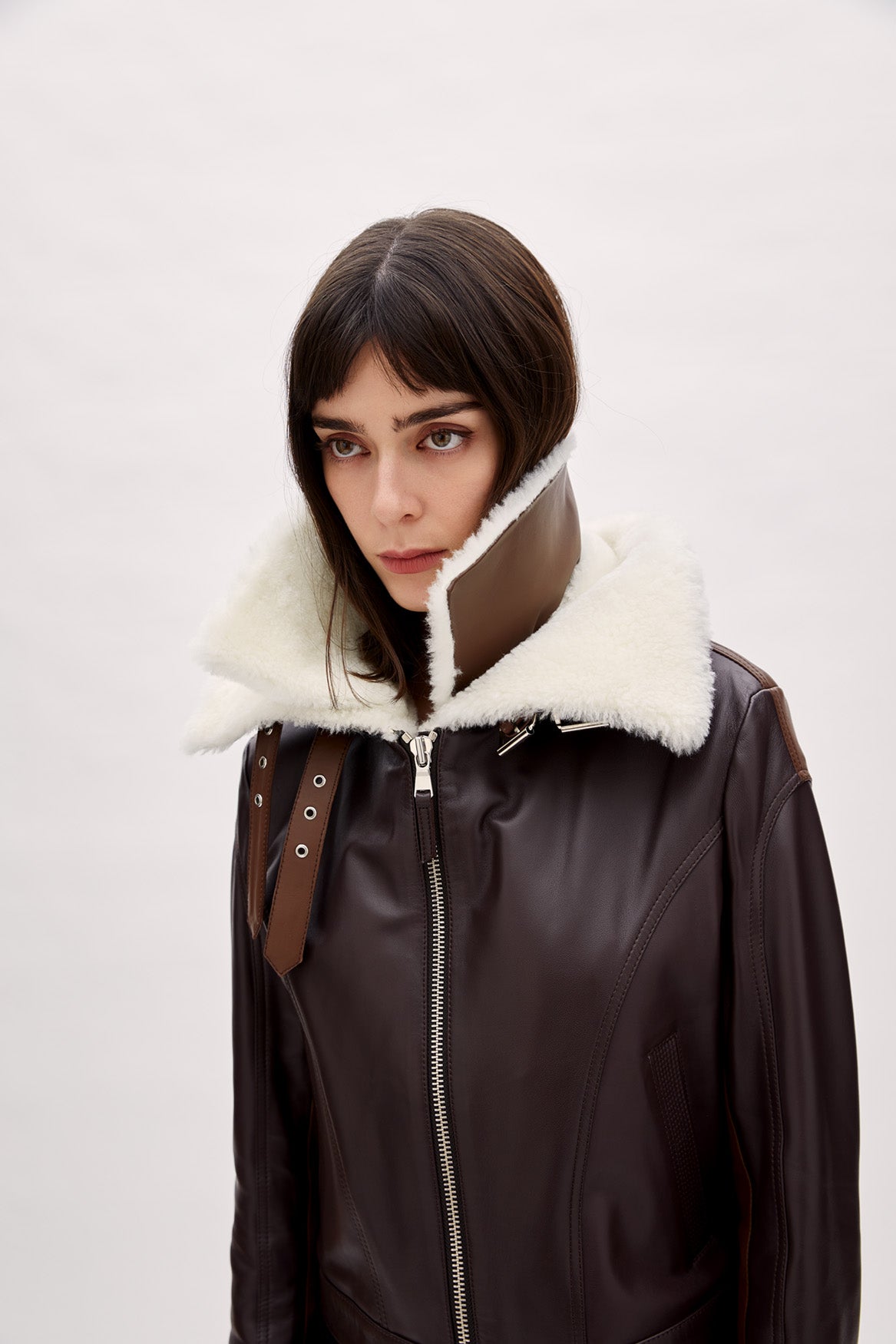 Double Collar Leather Women Jacket - Brown