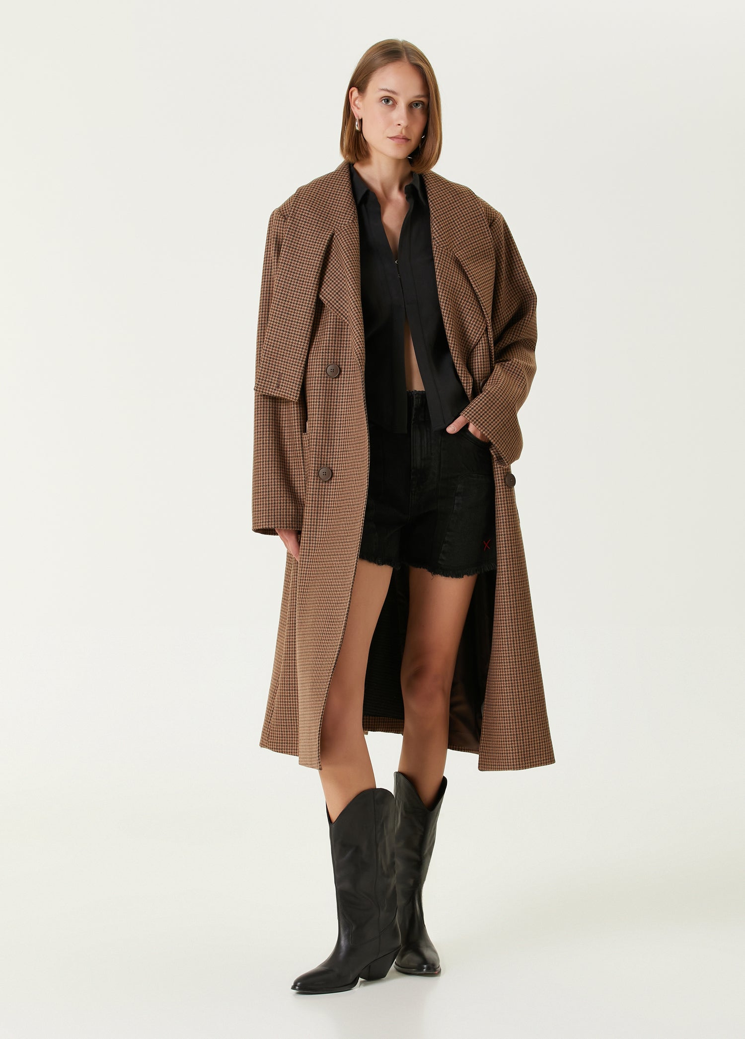 Wool & Cashmere Blend Houndstooth Long Men Coat - Brown