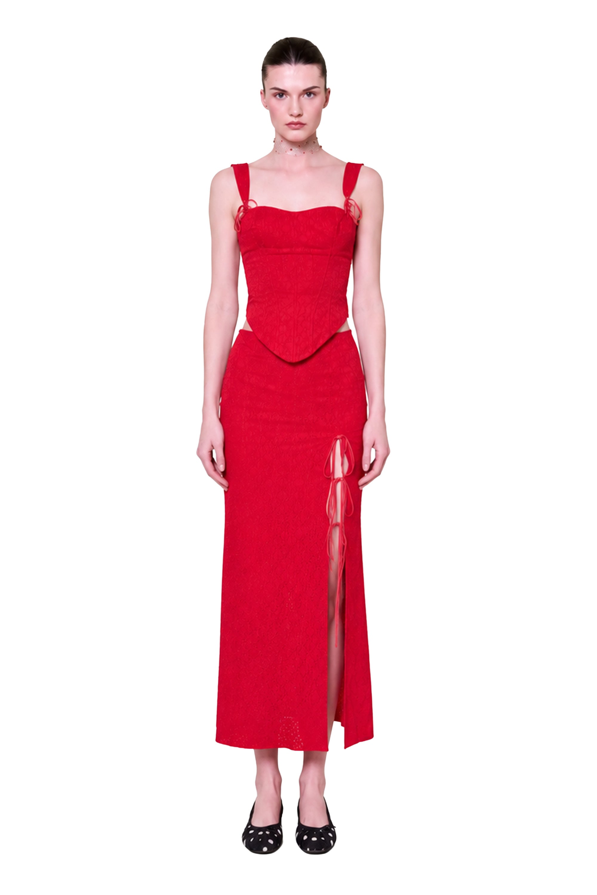 The Broderie Anglaise Edit Embroidered Midi Skirt with Side Slit and Ribbon Tie