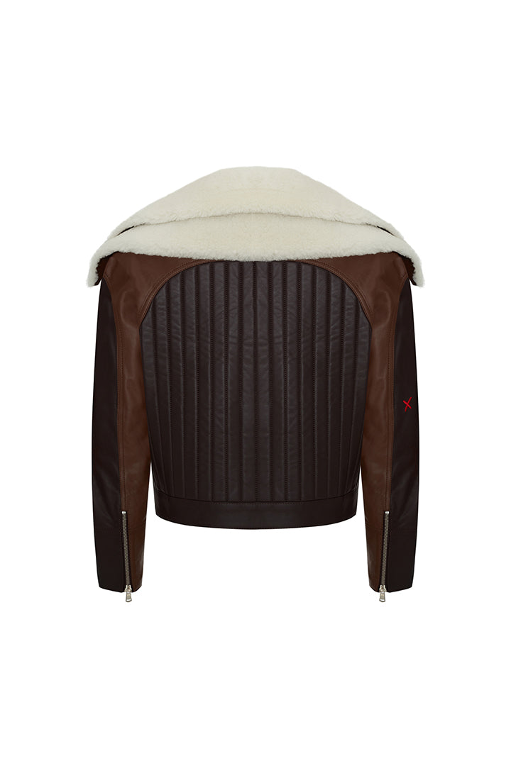 Double Collar Leather  Jacket - Brown