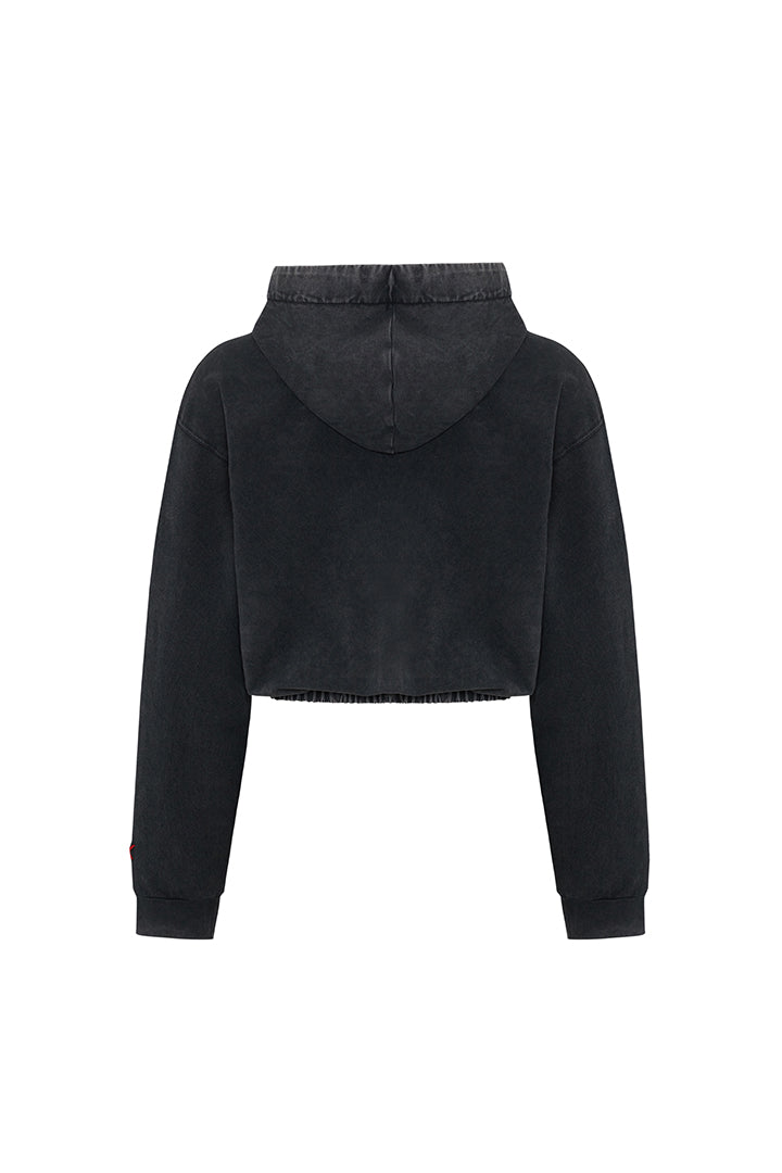 Cotton Acid Washed Crop Hoodie - Black
